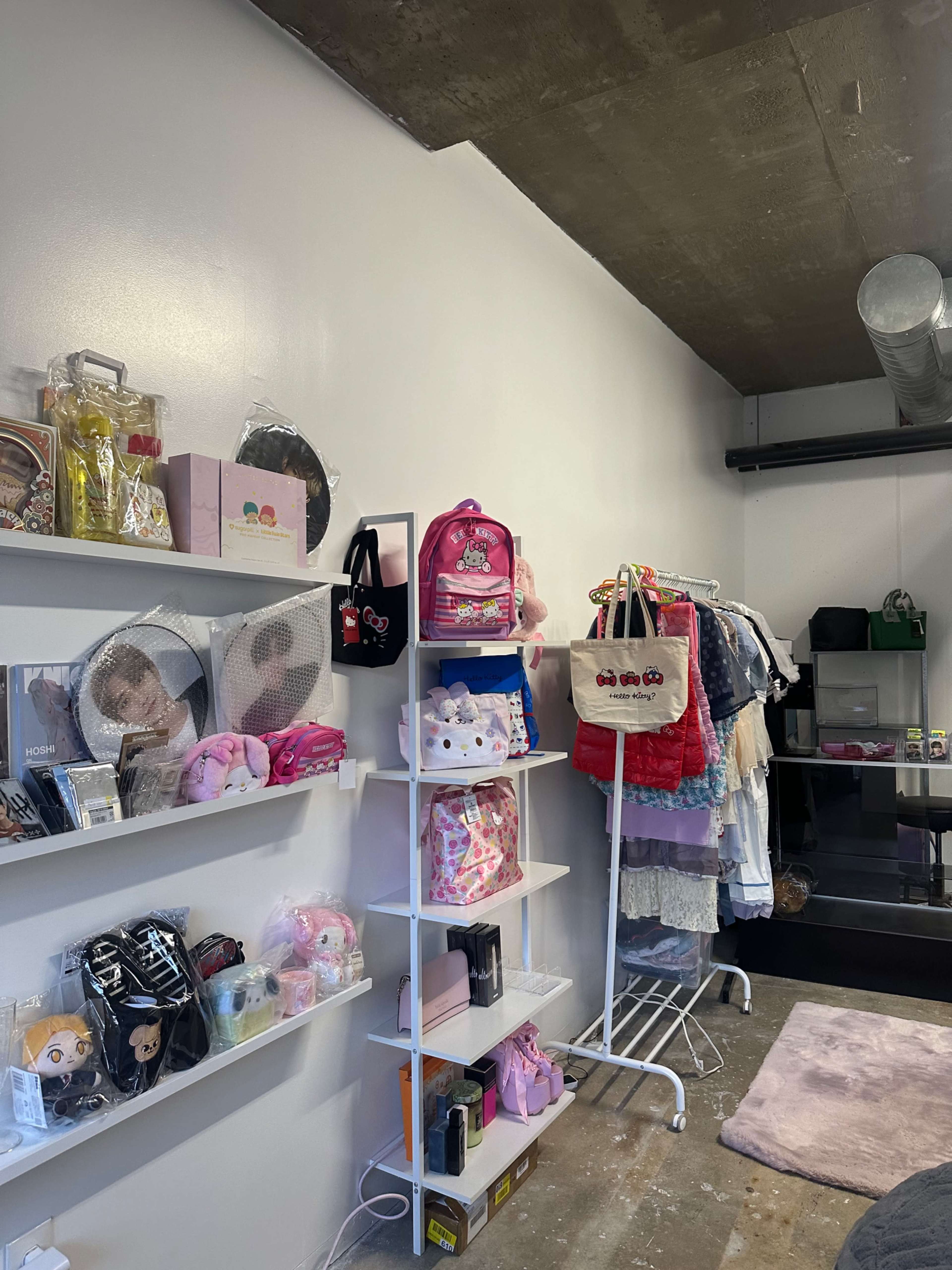 The image shows a retail space with shelves displaying various accessories and clothing items on hangers, along with a rack holding several bags.