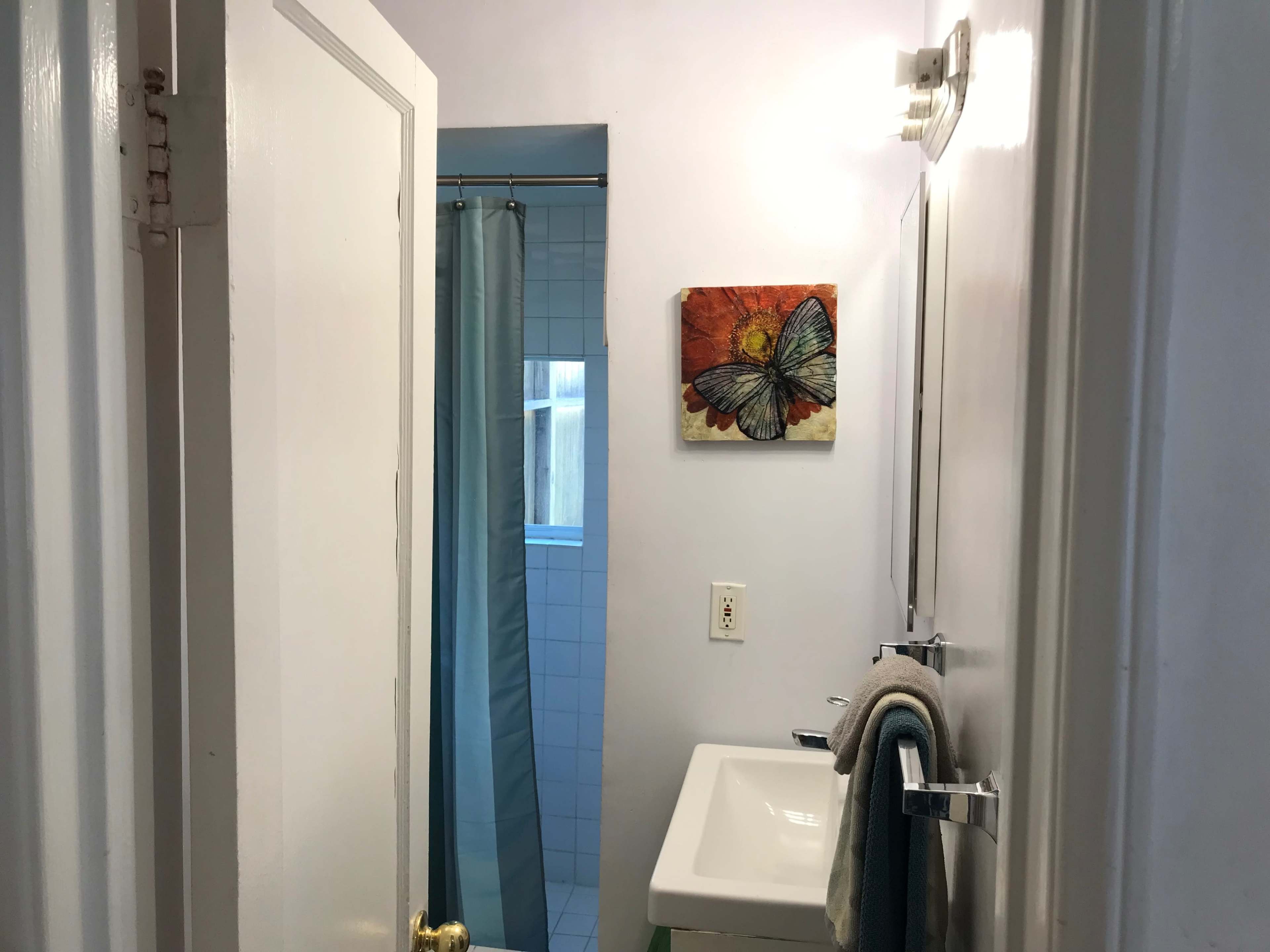 A bathroom is shown with a butterfly painting on the wall, a shower curtain, a sink, and towels hanging near the mirror.