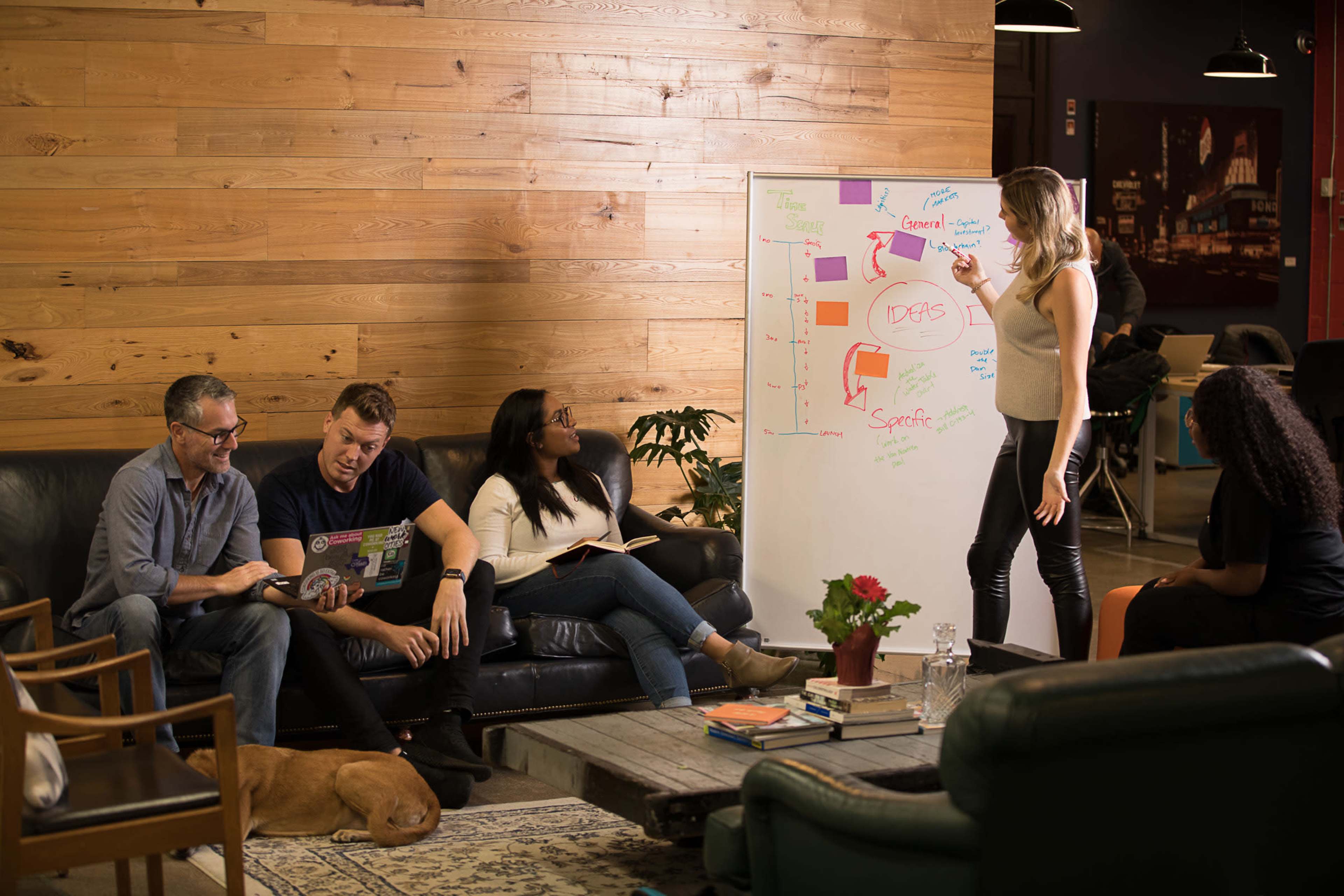 A group of five people collaborates in a cozy workspace, with one person presenting ideas on a whiteboard while others engage in discussion.