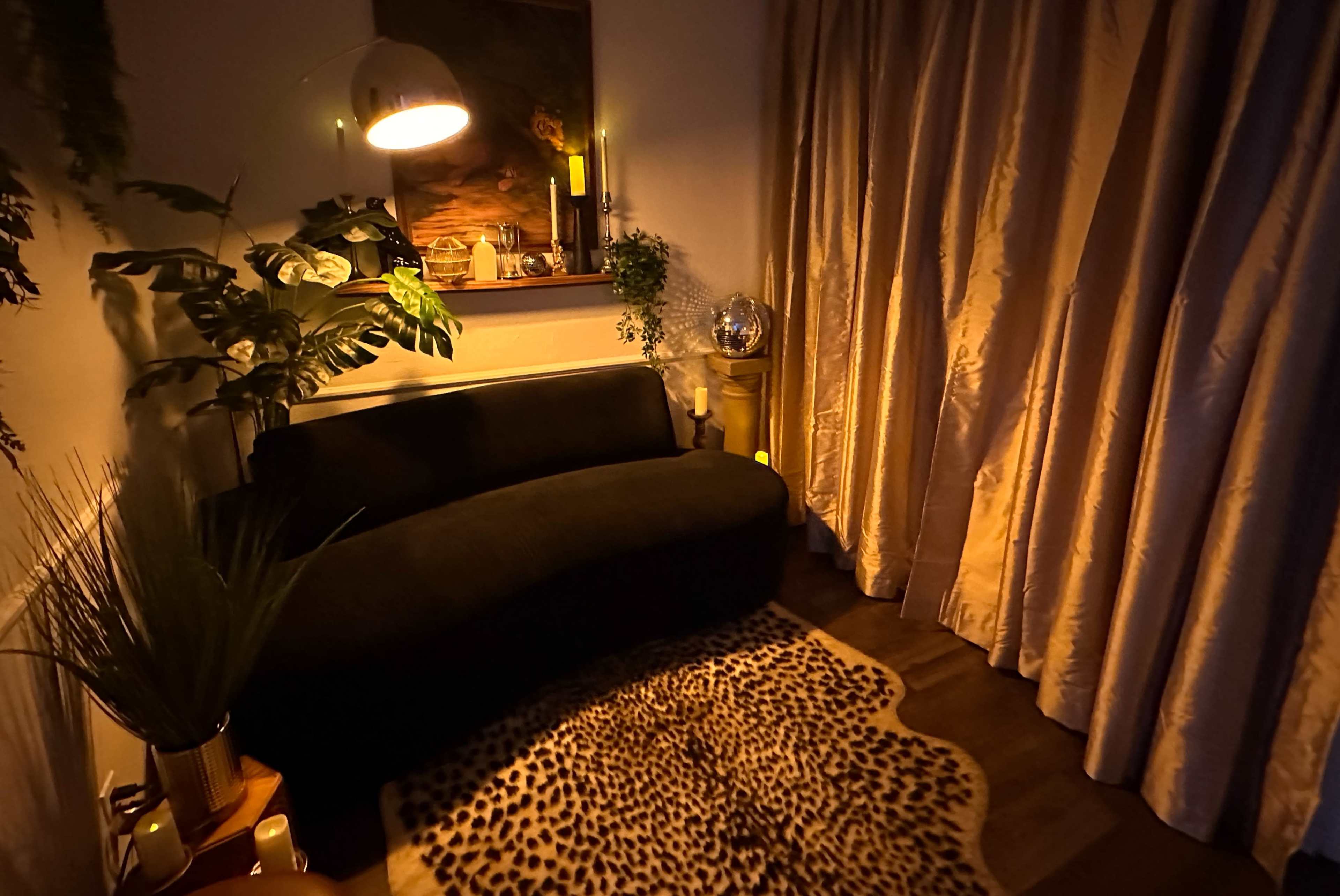 The image shows a cozy corner of a dimly lit room with a dark sofa, a large curtain, a potted plant, and a round rug patterned like animal fur.