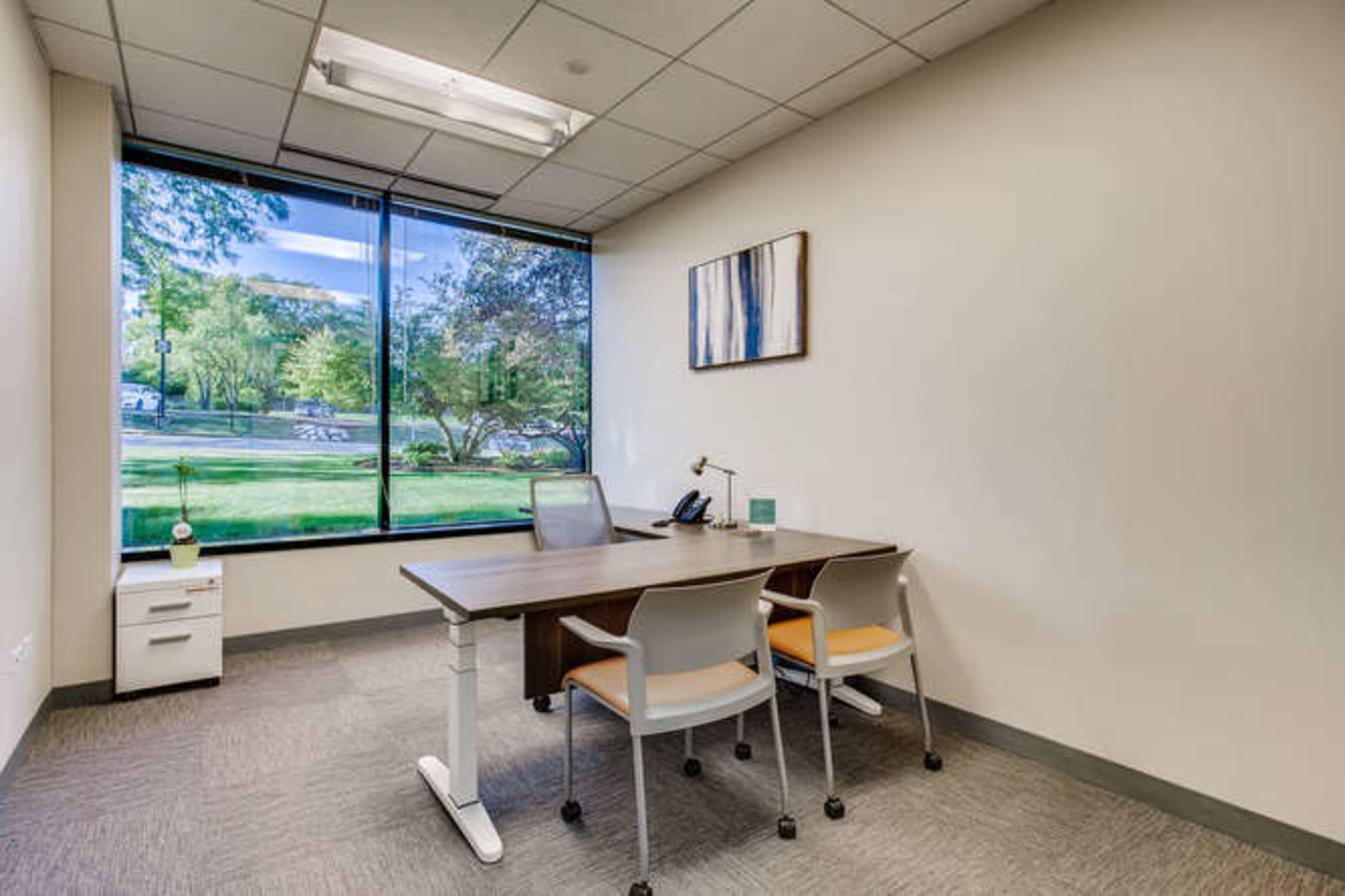 A modern office space features a desk with two chairs, a phone, and a large window overlooking greenery outside.