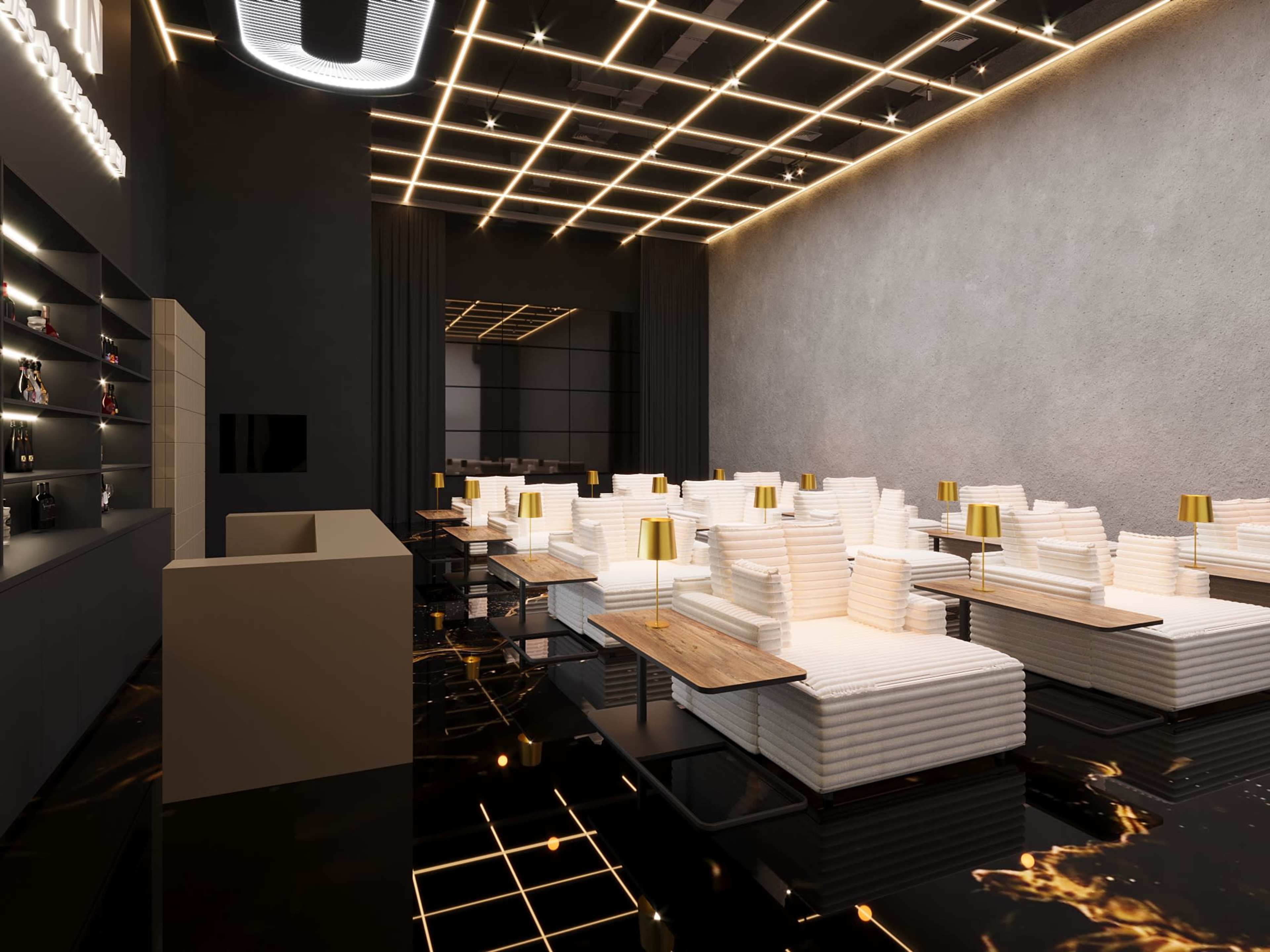 The image depicts a modern restaurant interior featuring plush seating arrangements with golden lamps on wooden tables, set against a sleek, dark backdrop with illuminated ceiling grids.