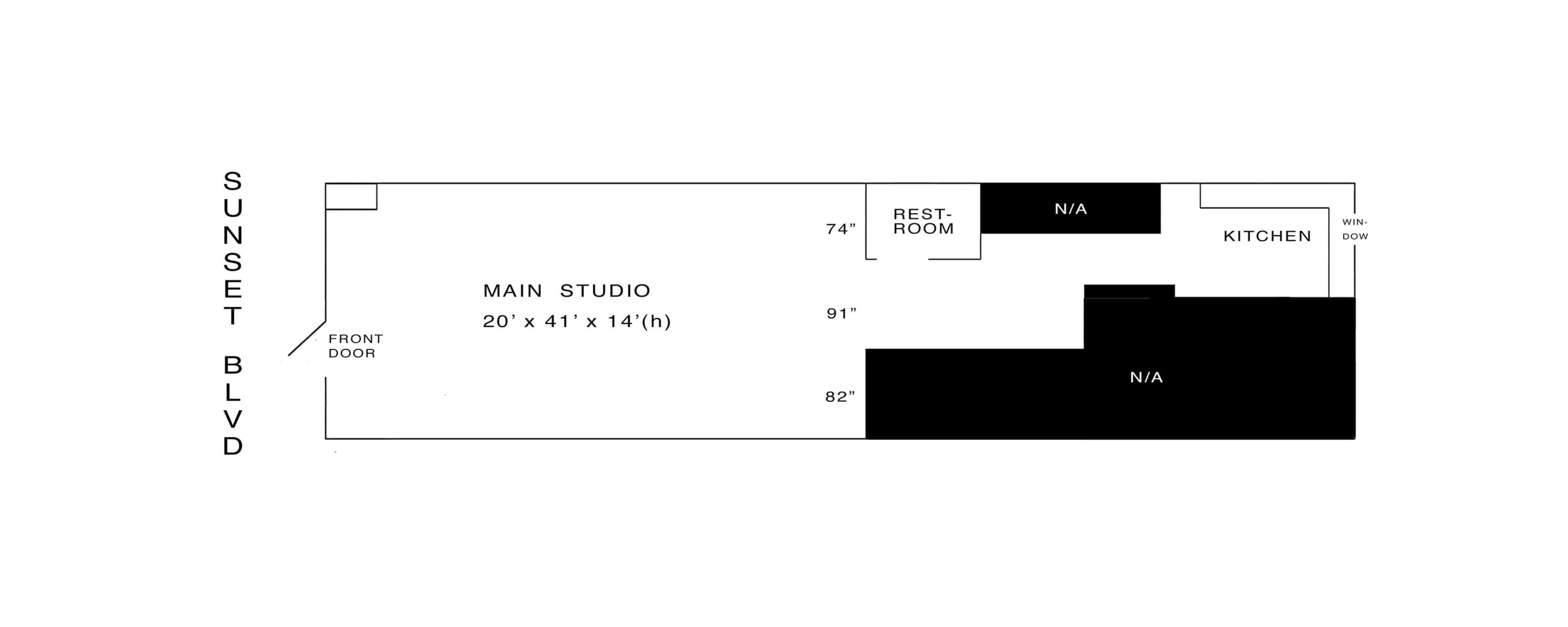The image shows a floor plan of a studio layout with labeled areas for the main studio, kitchen, restroom, and entrance on Sunset Boulevard.