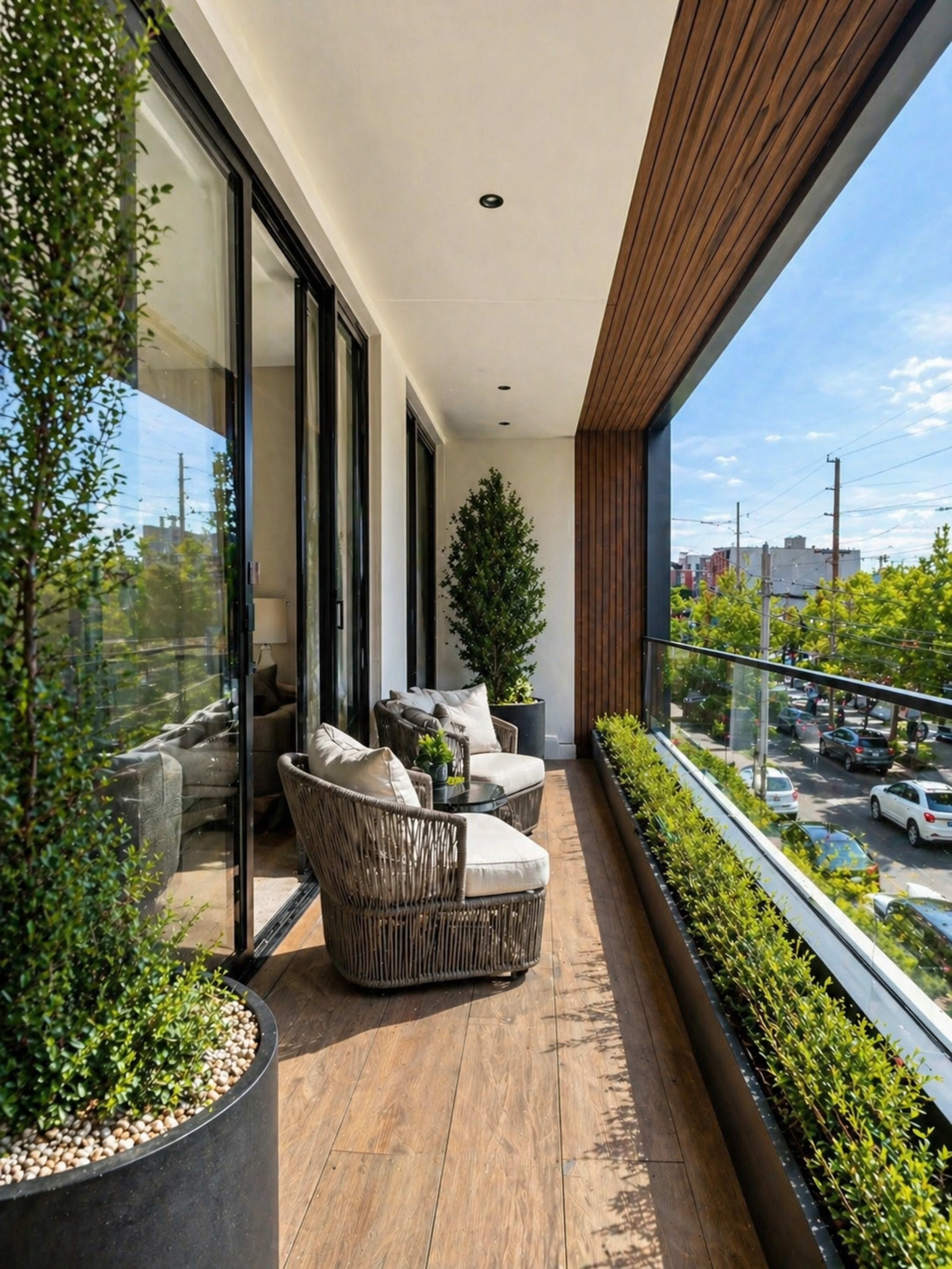 The image shows a modern balcony featuring two comfortable chairs, planters with greenery, and glass railings overlooking a street.