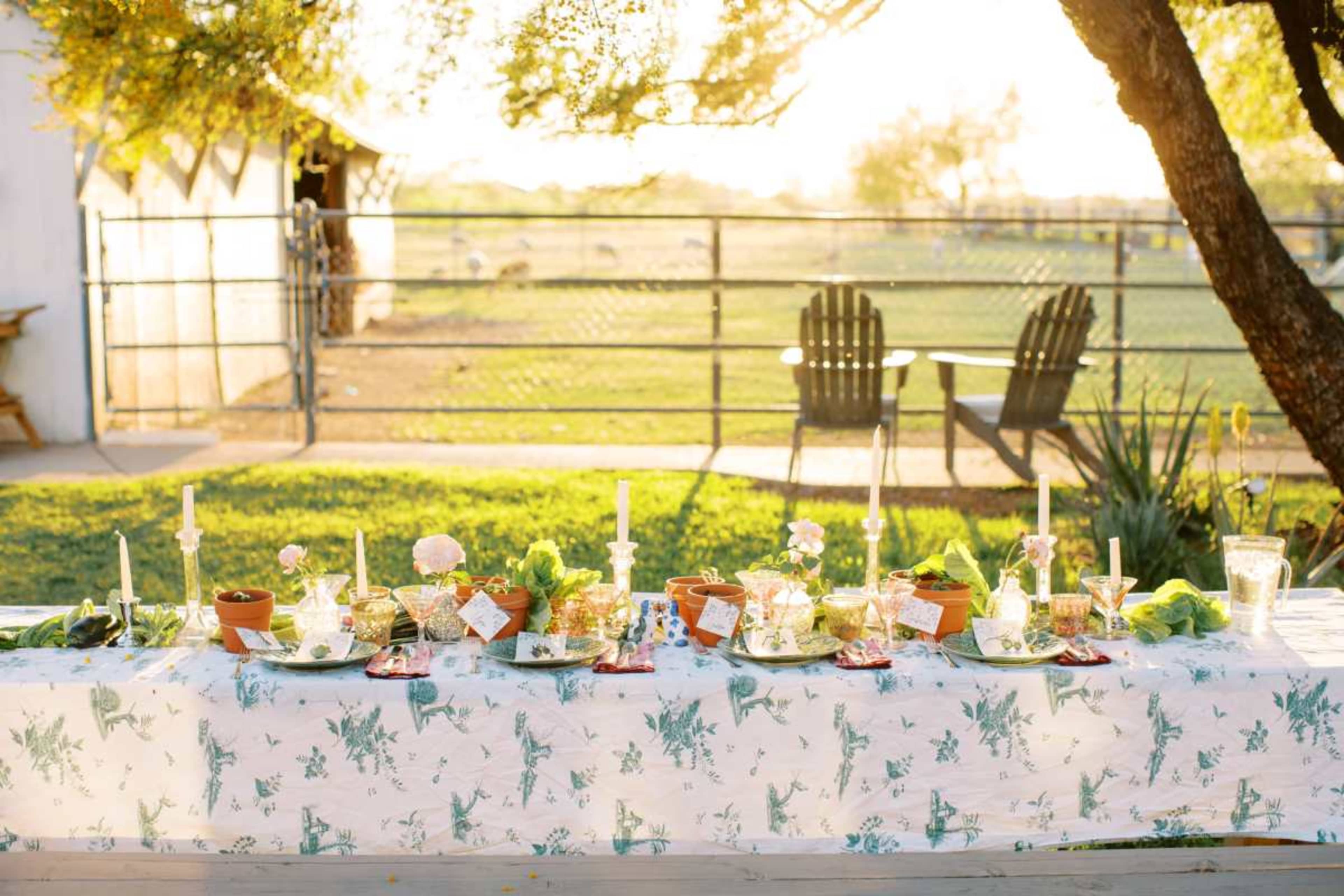 A long table adorned with small potted plants and candles is set up in an open area with a fence and chairs in the background.