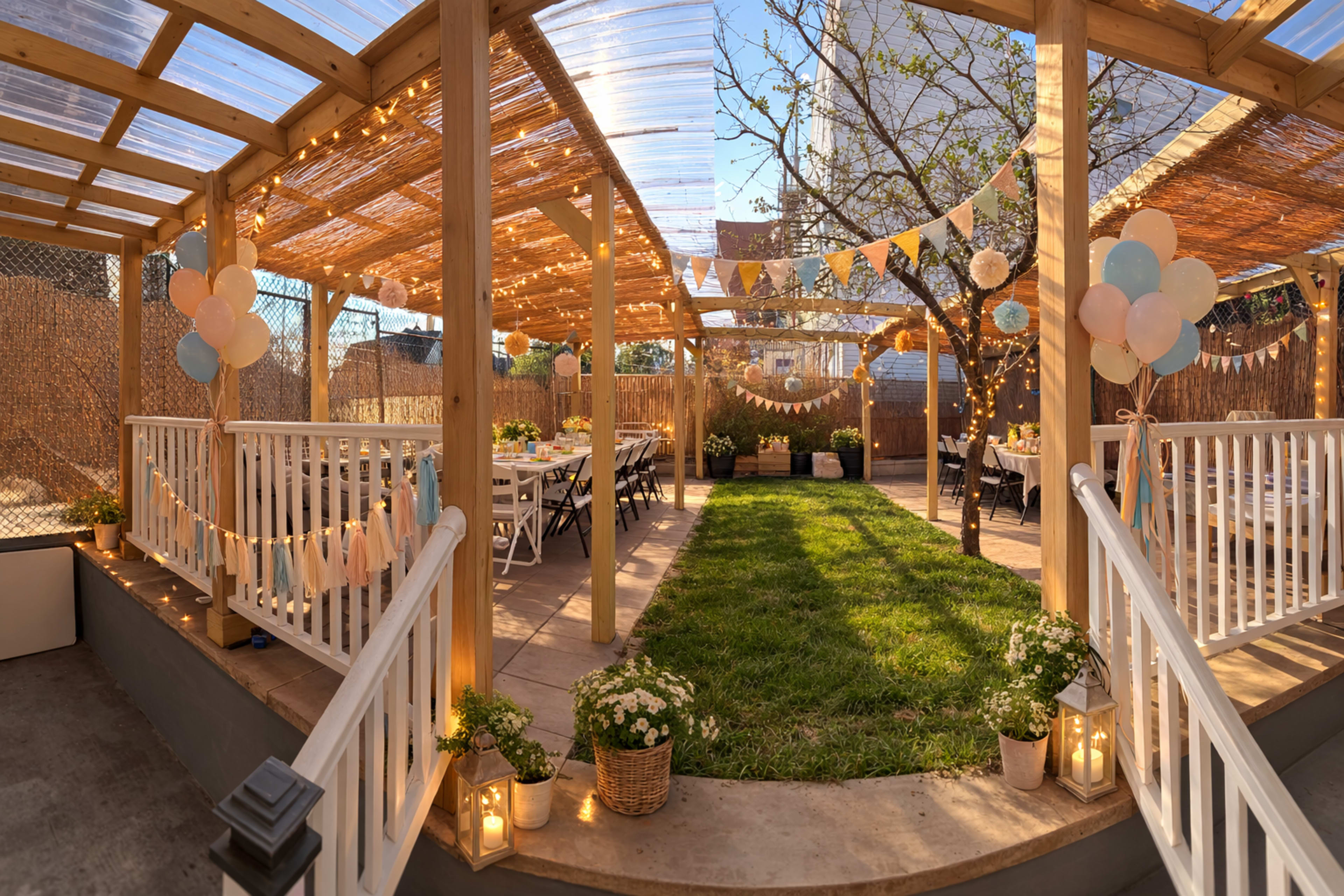The image shows a decorated outdoor patio area with tables set for an event, surrounded by greenery and string lights.