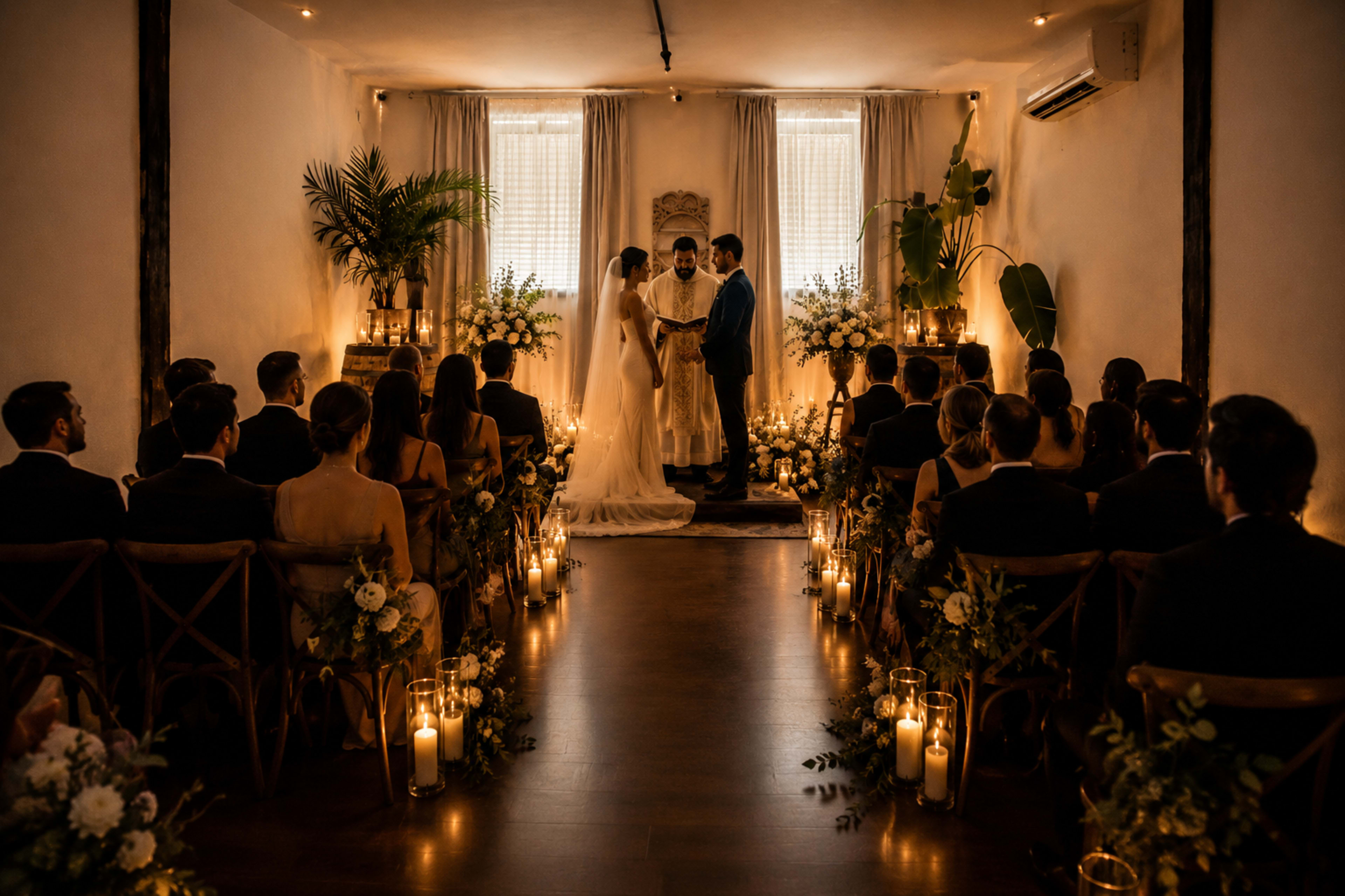 A couple exchanges vows during a wedding ceremony in a softly lit room surrounded by guests seated in rows with floral arrangements and candles.