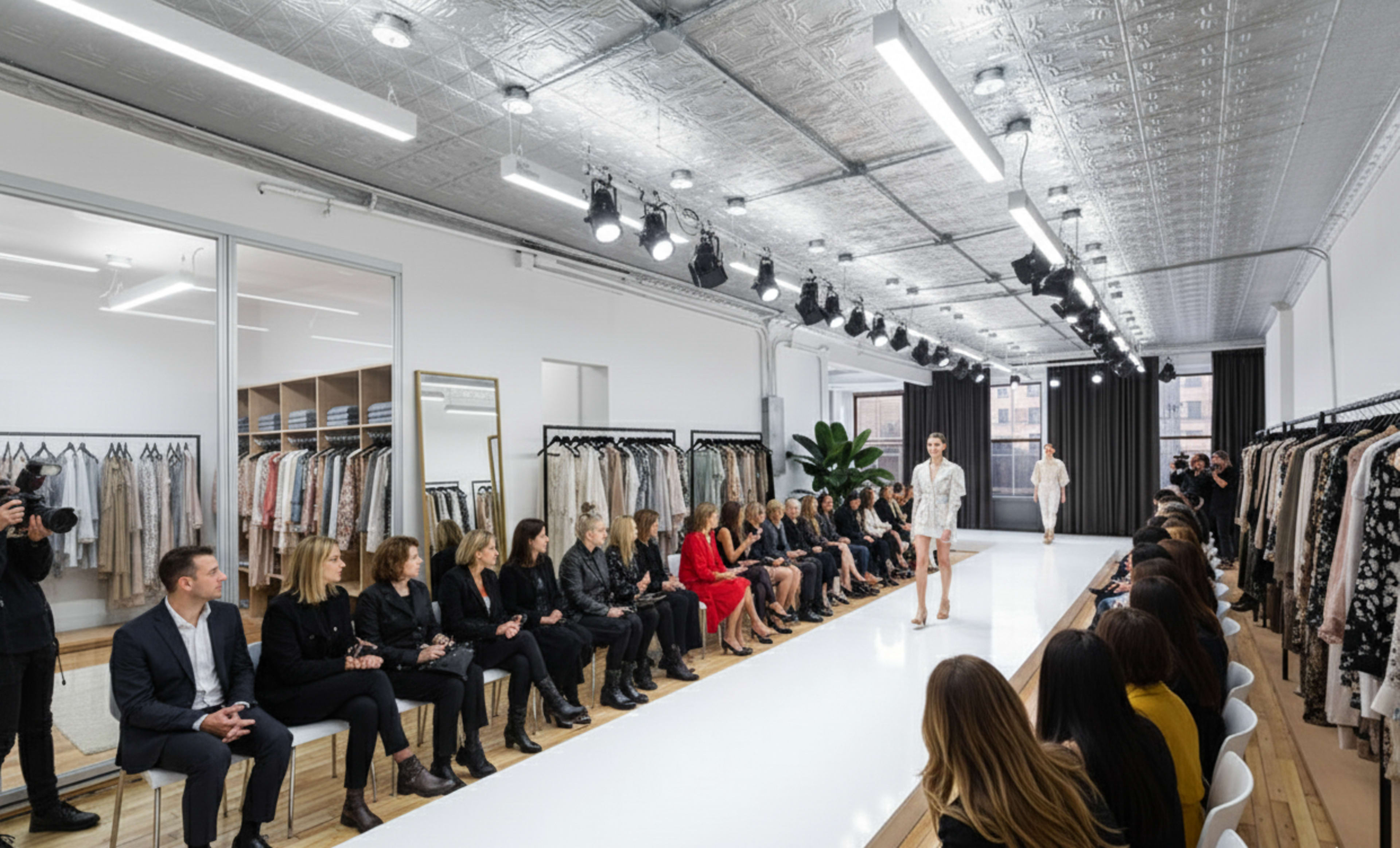 A fashion model walks down a runway in a bright, modern showroom filled with clothing racks, while an audience observes from seated rows.