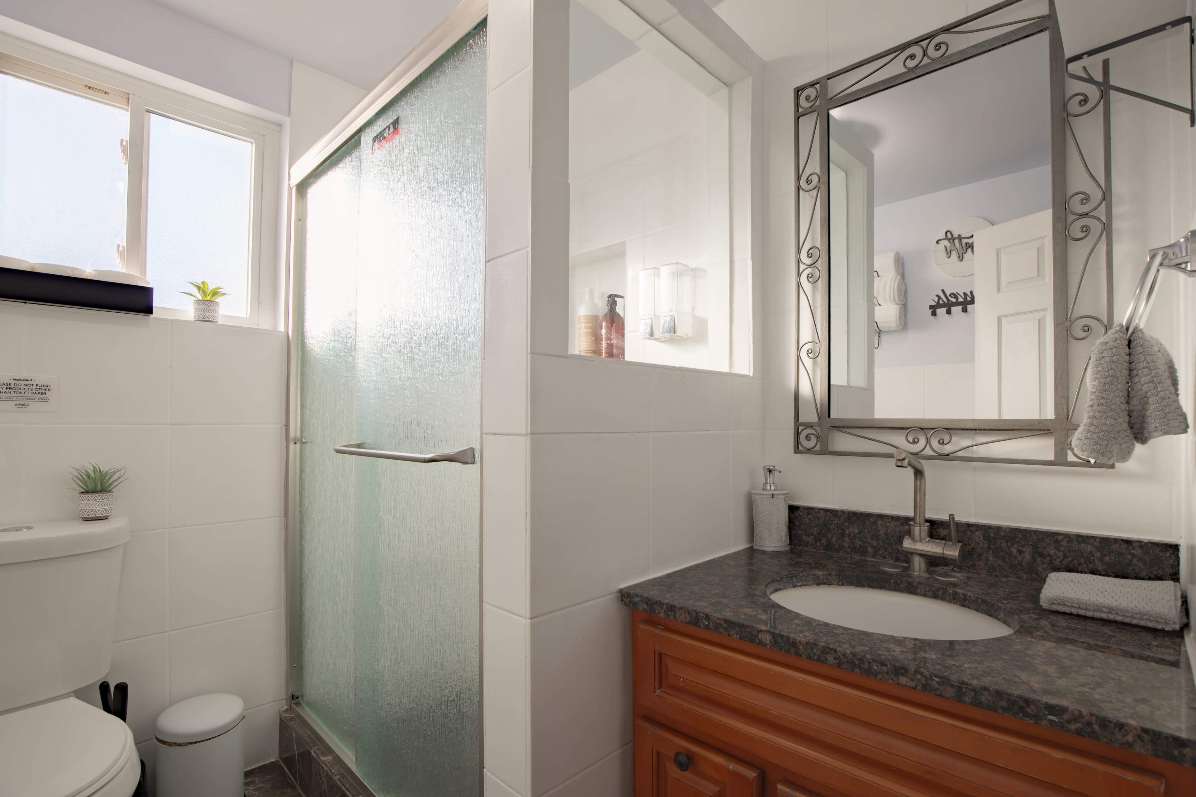 A small bathroom featuring a shower with a glass door, a toilet, and a vanity with a mirror and sink.
