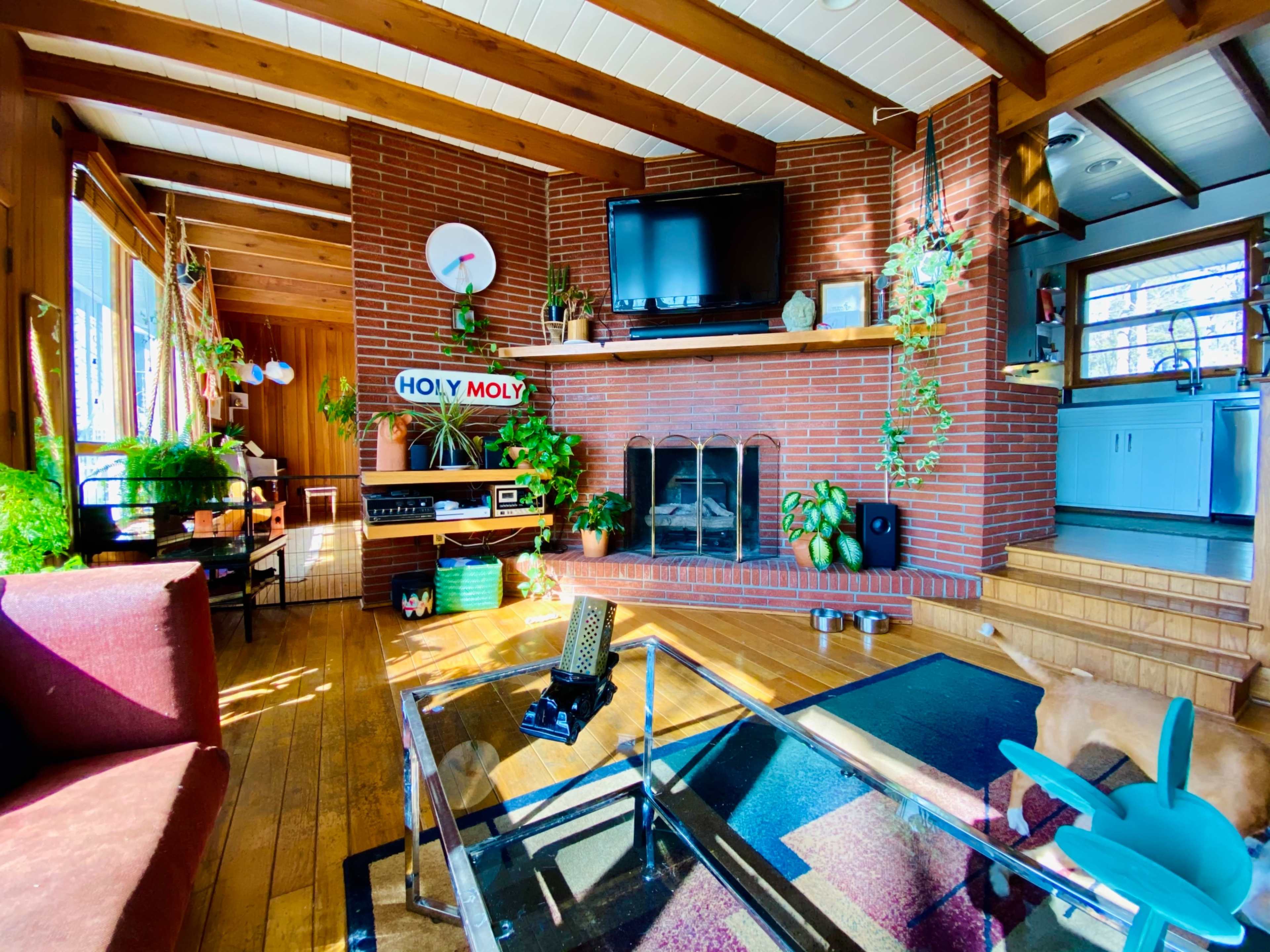 A cozy living room with wooden beams, a brick fireplace, and various houseplants arranged throughout the space.