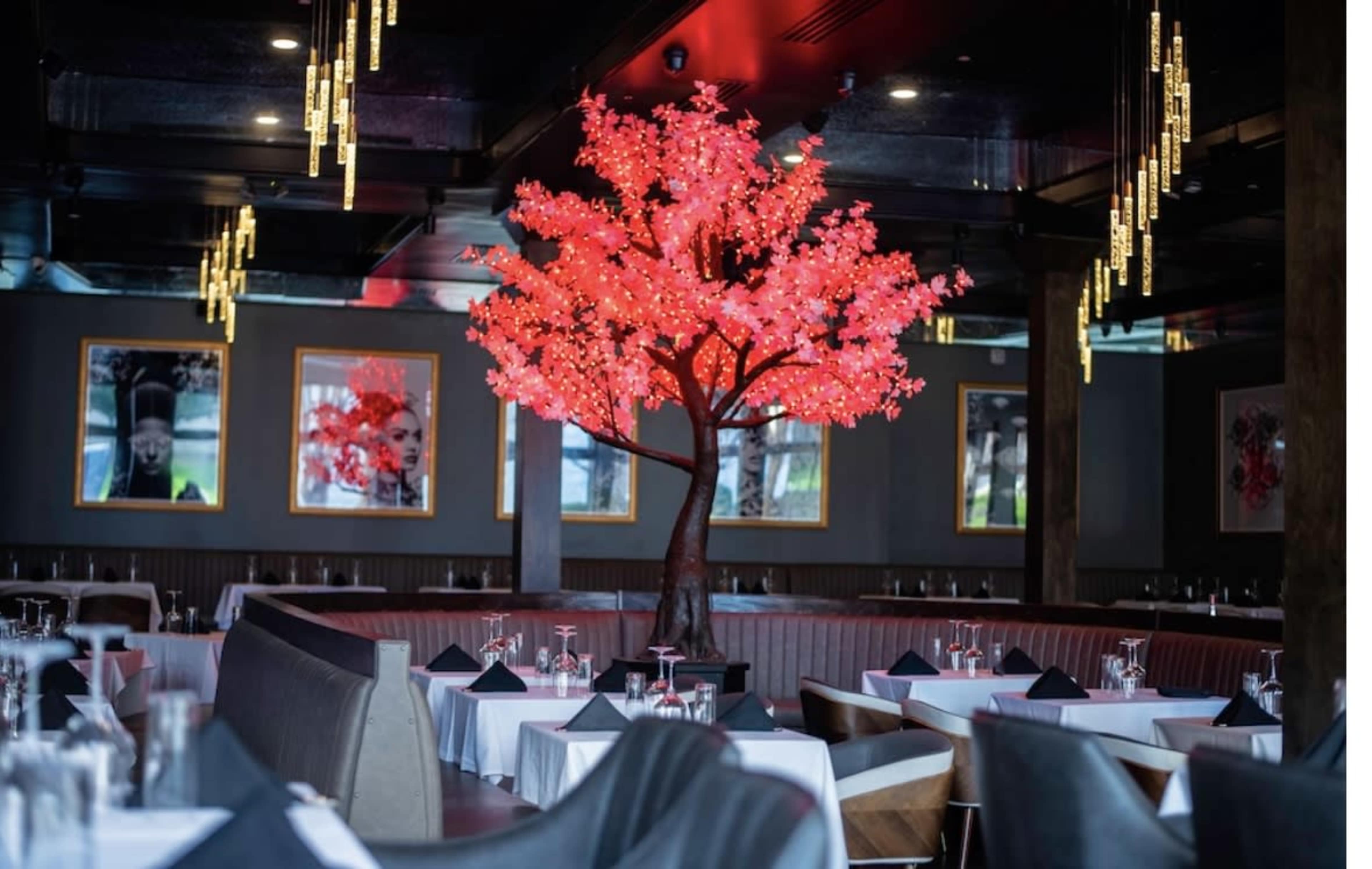 A restaurant interior features a large artificial cherry blossom tree with red leaves at its center, surrounded by elegantly set tables.