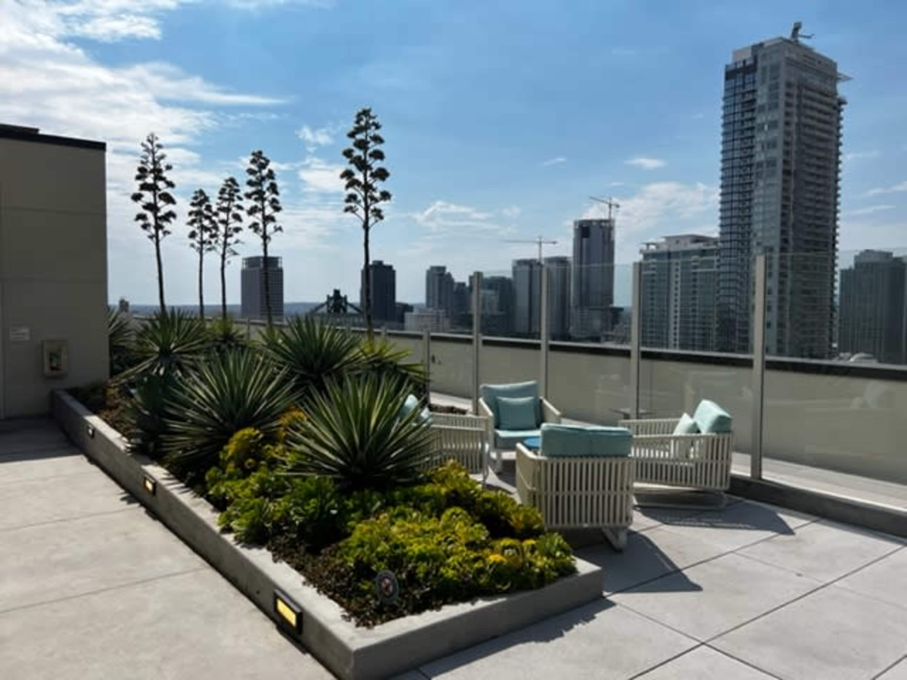 A rooftop terrace features modern seating, planted greenery, and a skyline view of tall buildings and cranes.