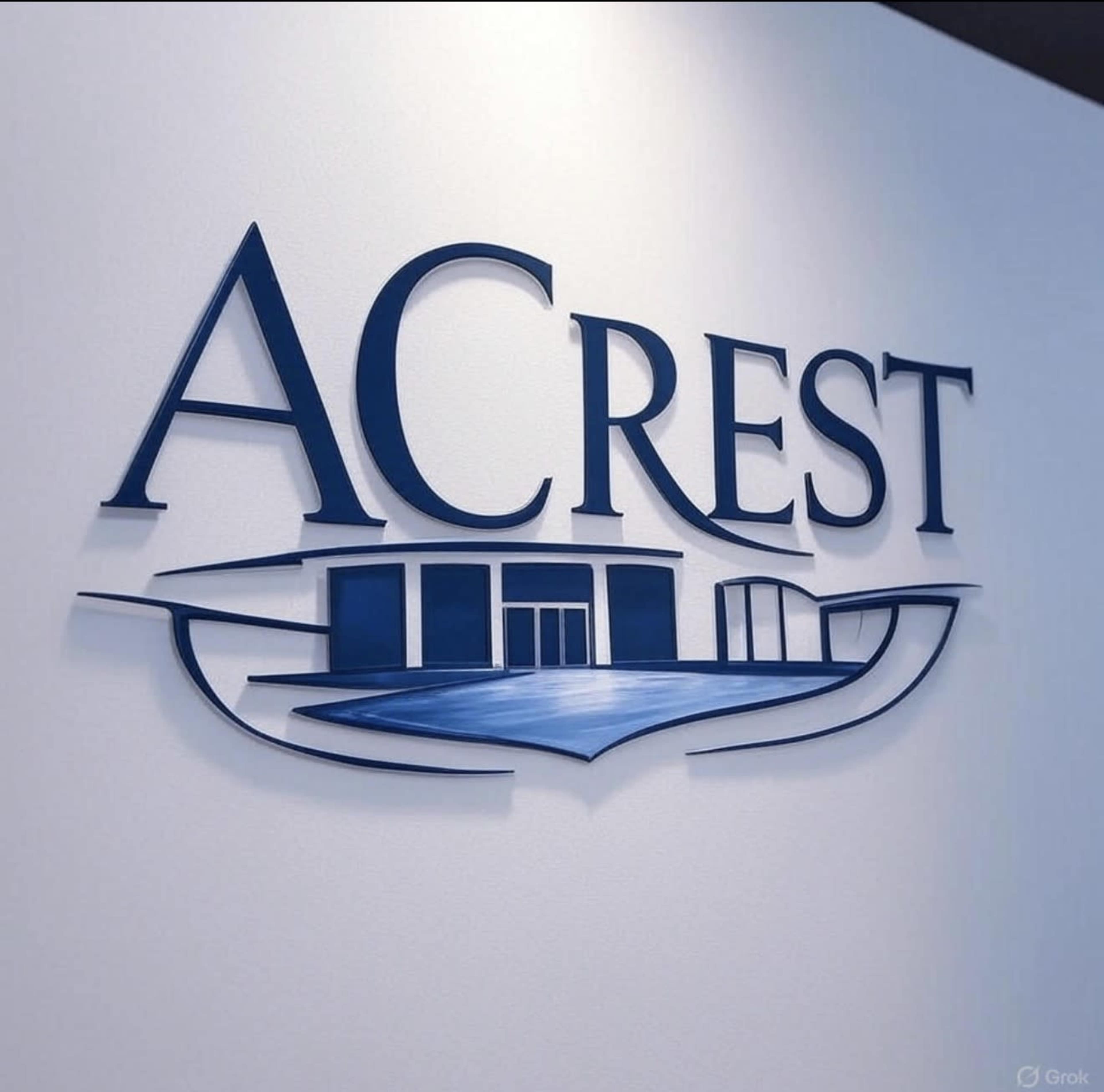 The image shows a 3D logo for "ACREST" displayed on a wall, with a sleek design featuring a building graphic.