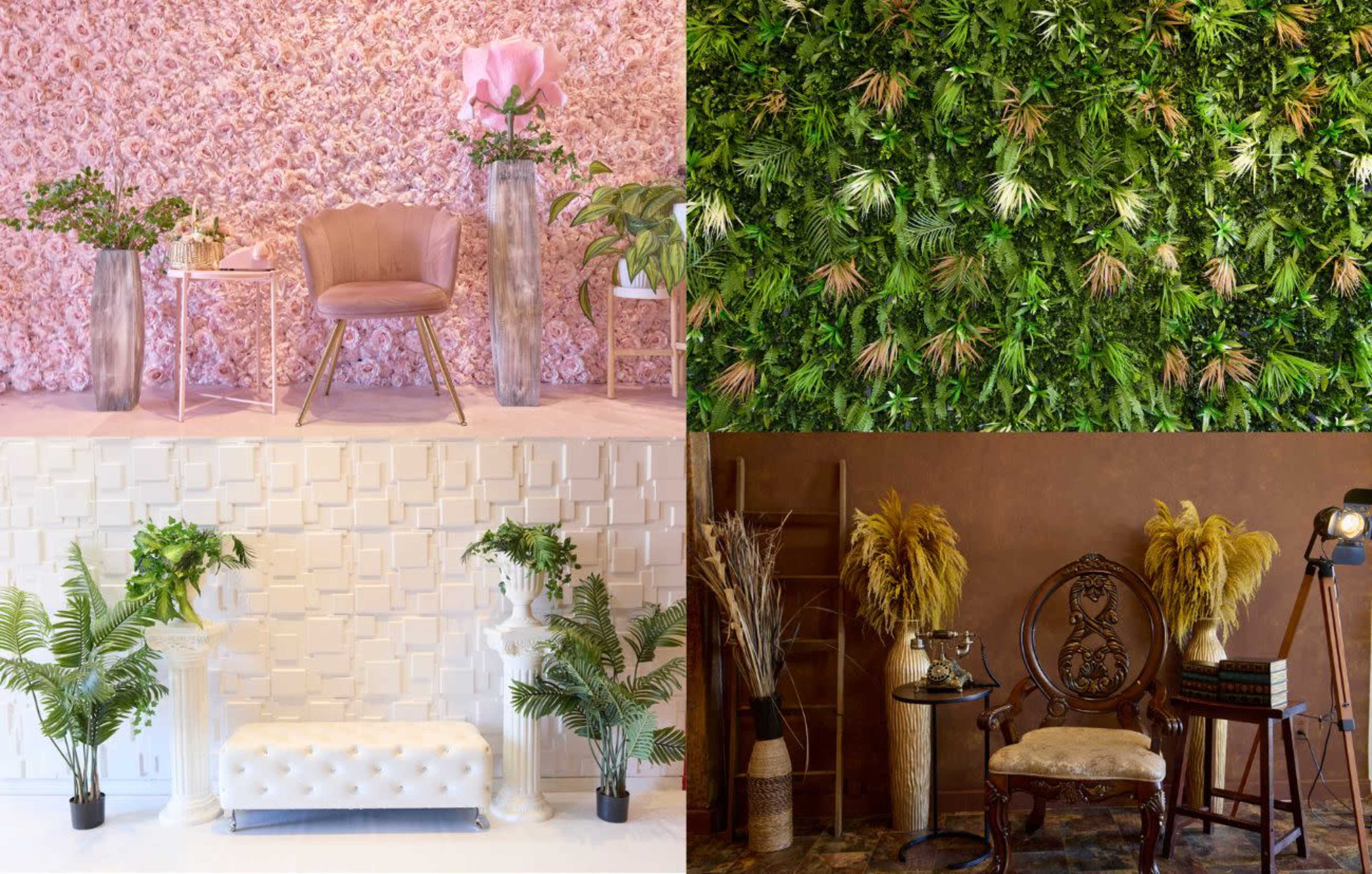 Four distinct interior decor setups, each showcasing different styles of floral and greenery arrangements against textured backdrops.