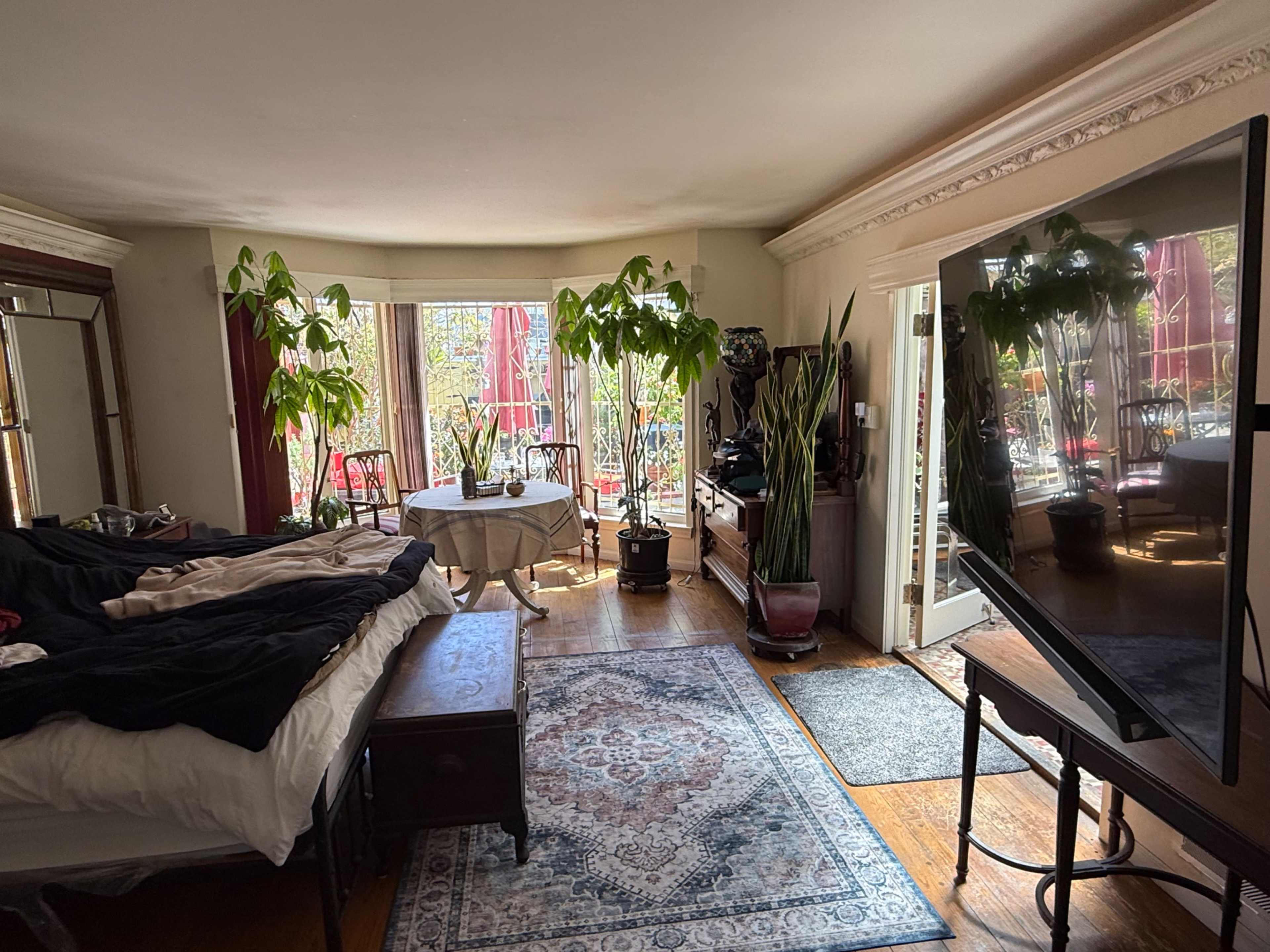 The image shows a cozy bedroom with a partially made bed, potted plants, and a large television, leading to an outdoor area through glass doors.