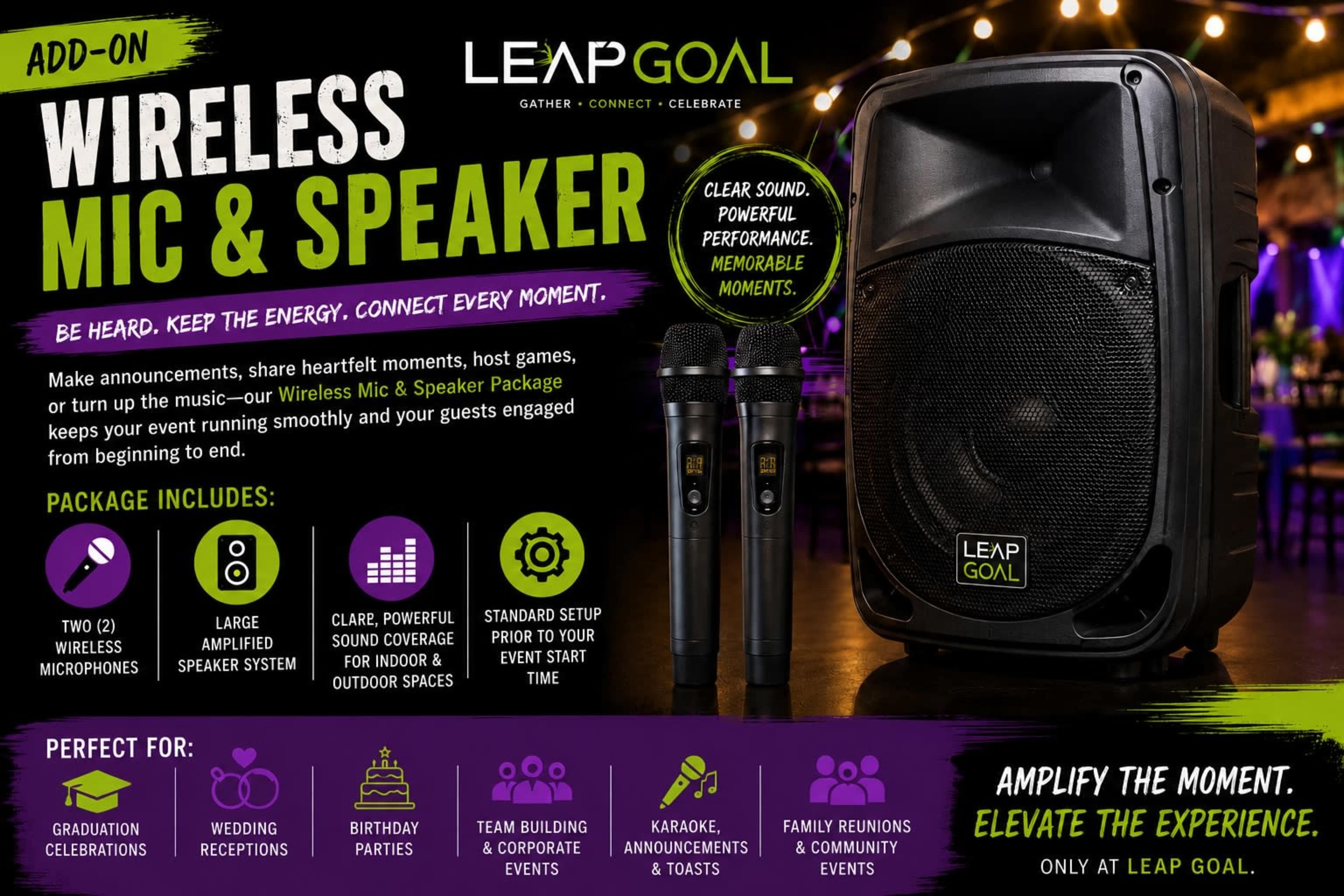 The image features a promotional flyer for "LeapGoal," highlighting a wireless microphone and speaker package suitable for events such as weddings, parties, and karaoke.