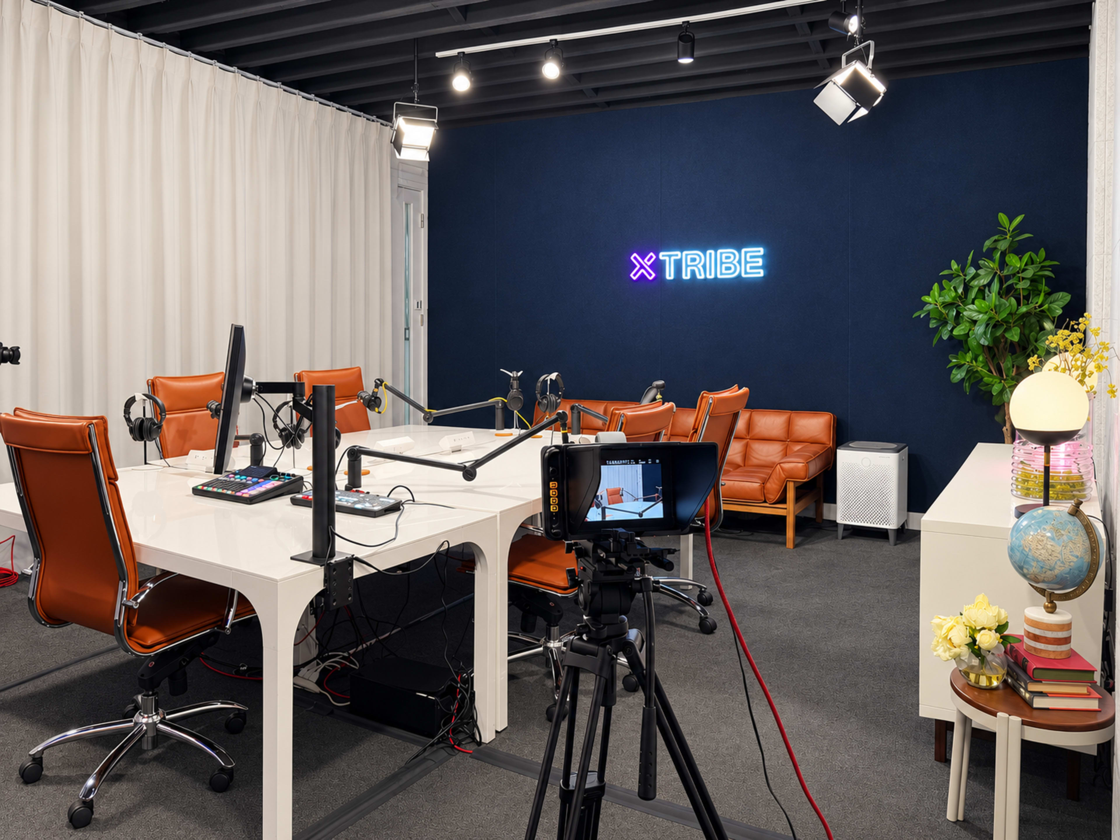 A well-equipped podcast studio features a white table, orange chairs, a camera, and a neon sign against a dark wall.