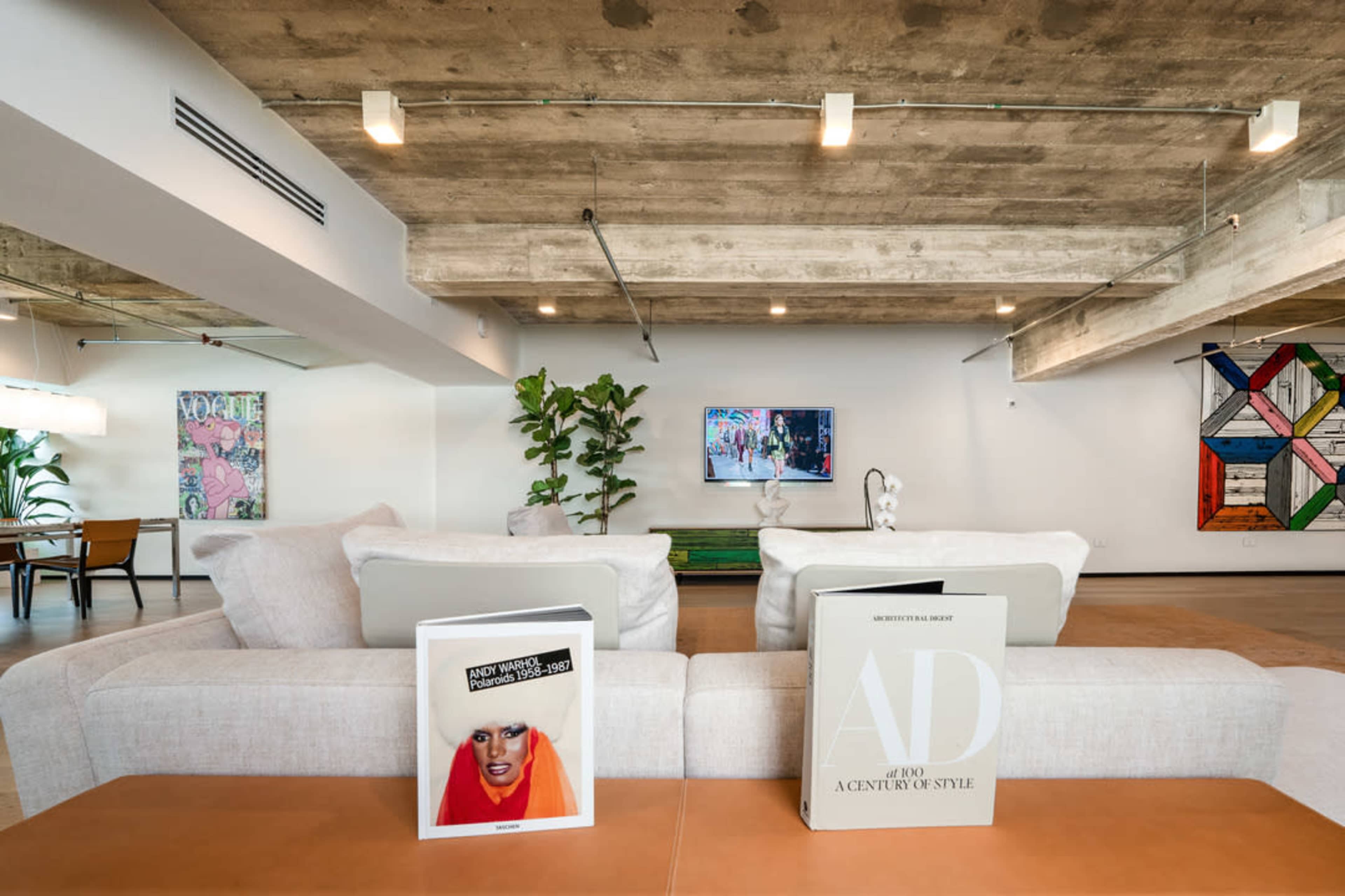 A bright, modern living space features a light-colored sofa, contemporary artwork, and a television mounted on a concrete wall.