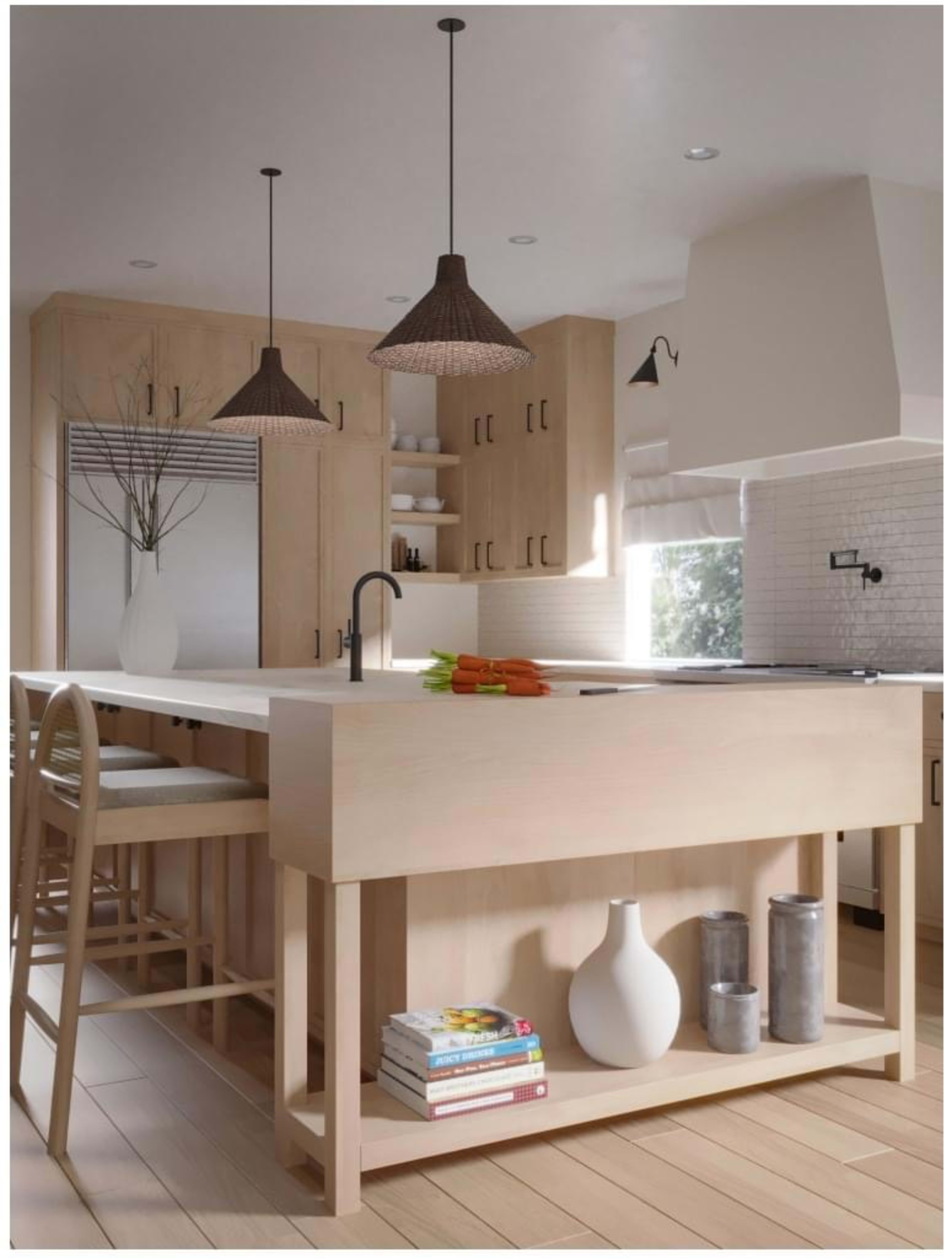 A modern kitchen features a wooden island with bar stools, pendant lighting, and a minimalist design.