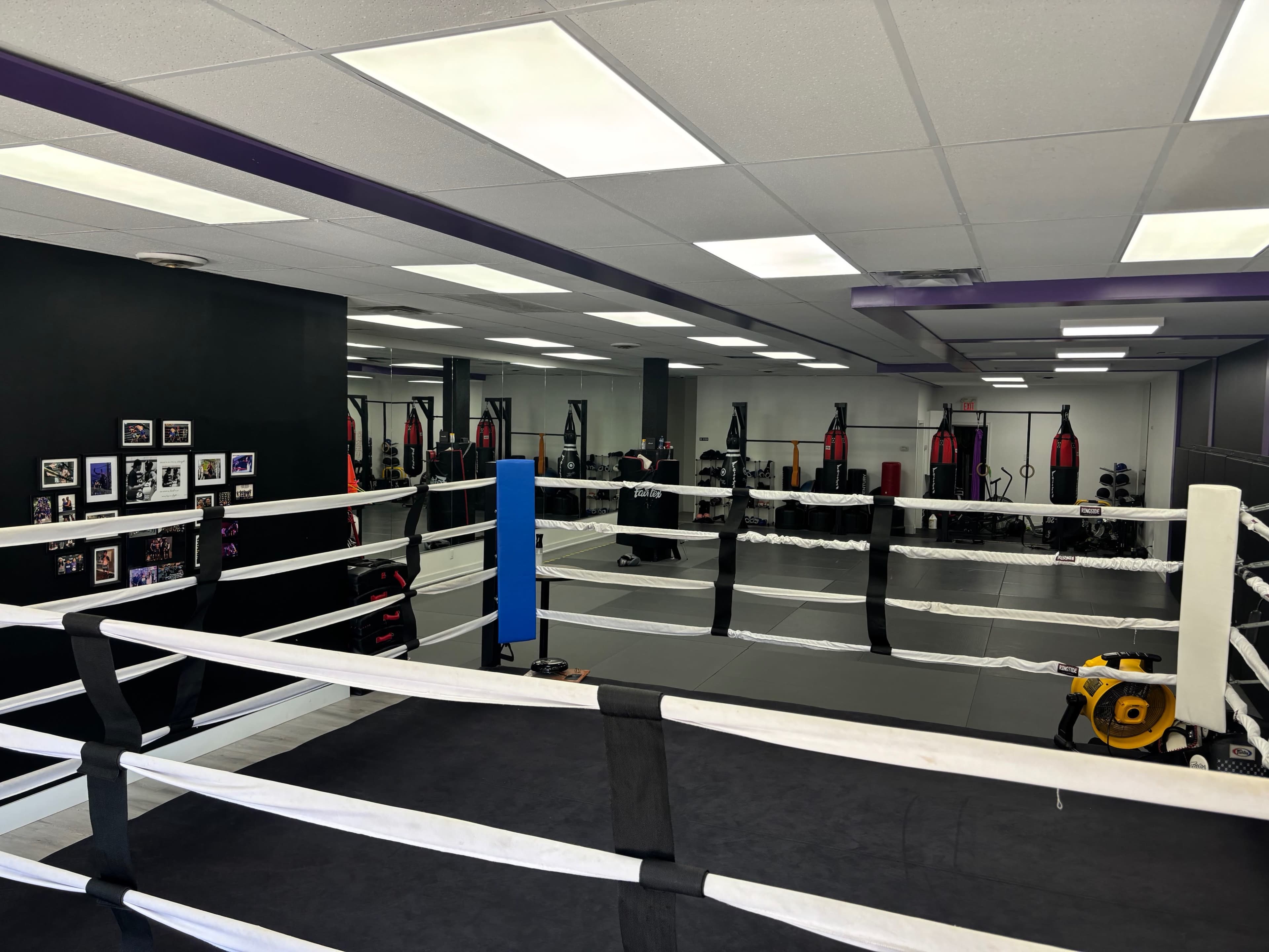 The image shows an indoor boxing gym with a ring in the foreground and punching bags lined up against the wall in the background.