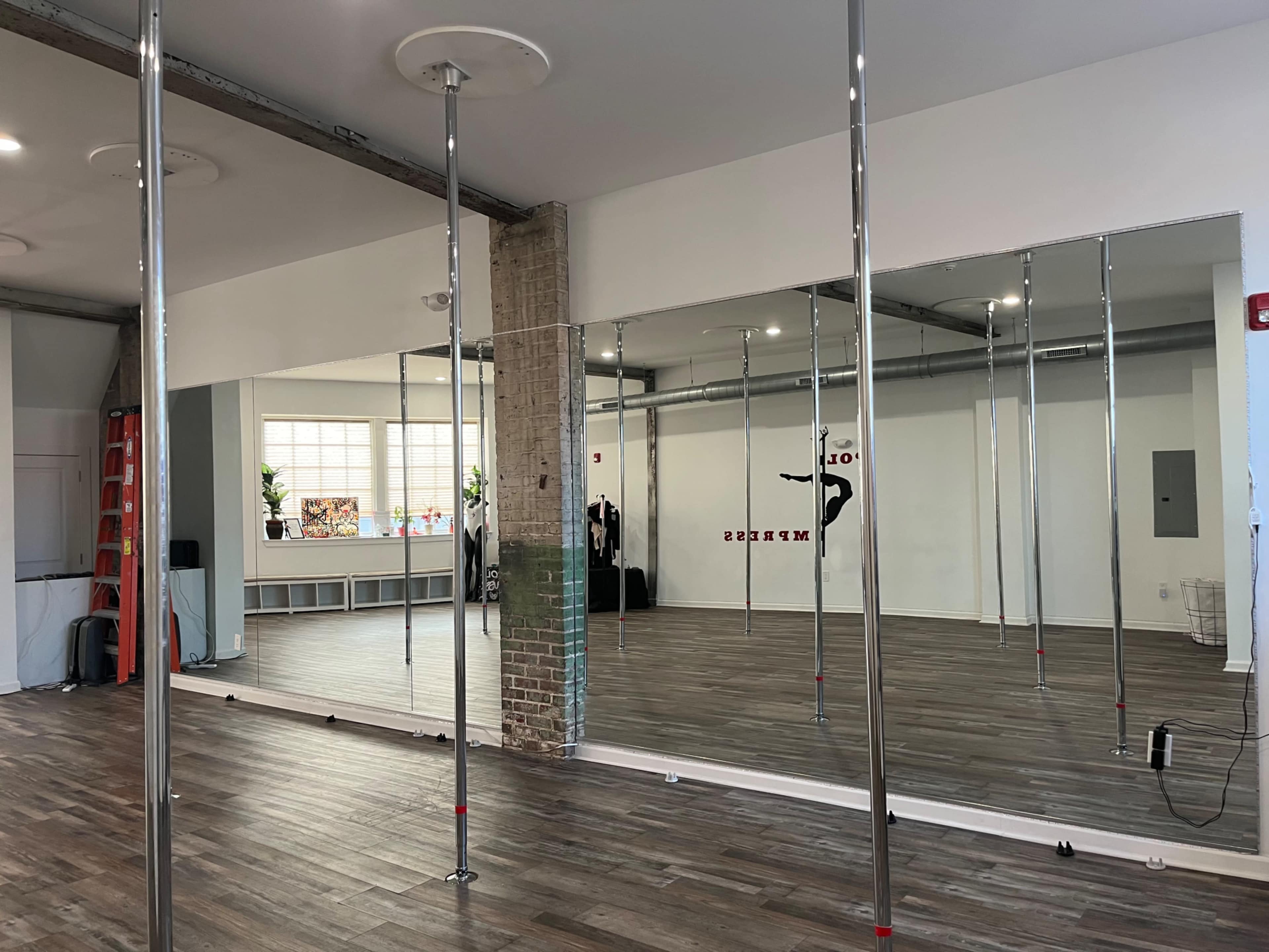 The image shows a spacious dance studio featuring mirrored walls and several shiny poles on a wooden floor.