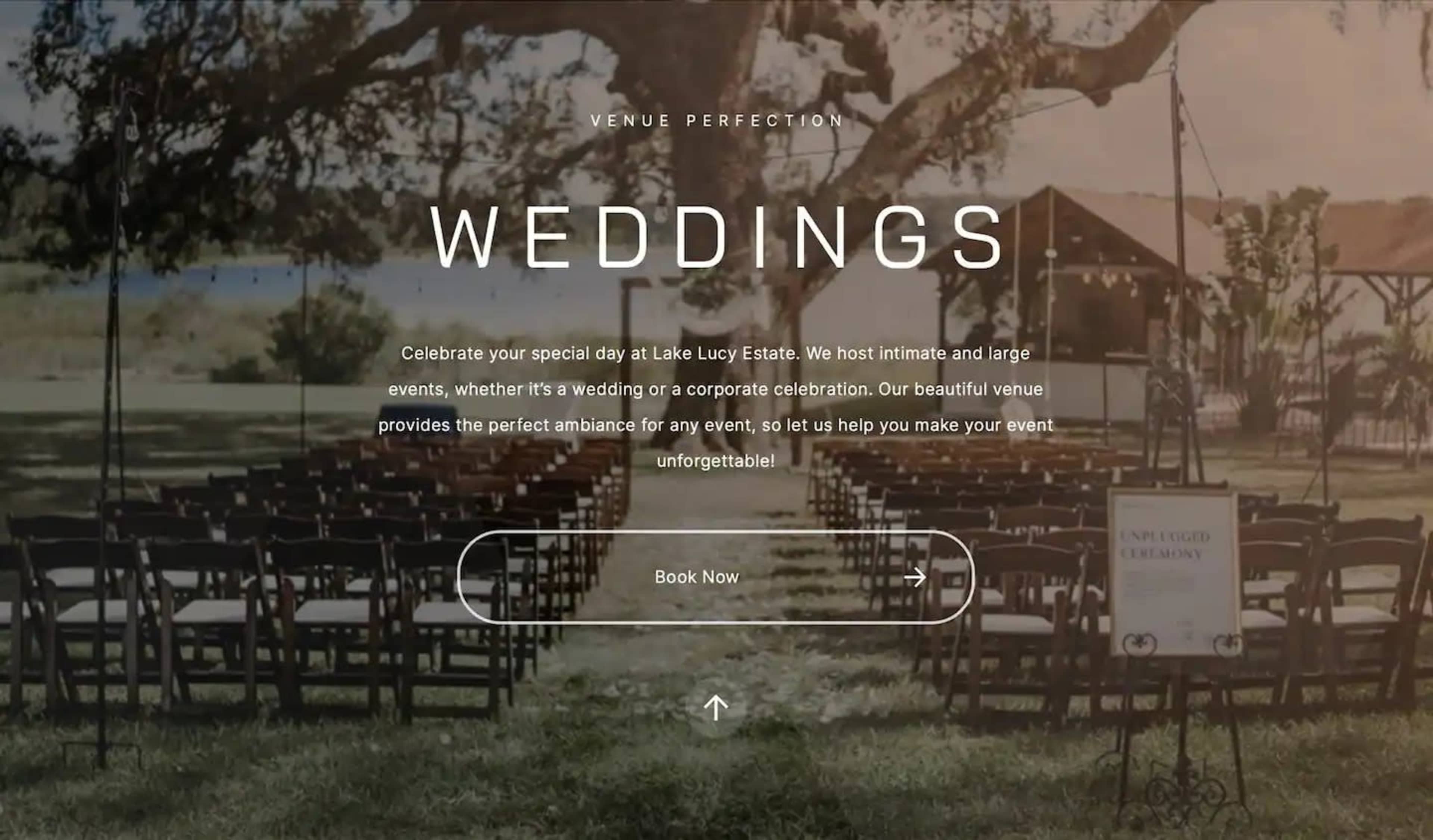 The image features a wedding setup at Lake Lucy Estate, showcasing rows of chairs arranged for an outdoor ceremony under large trees near a lake.