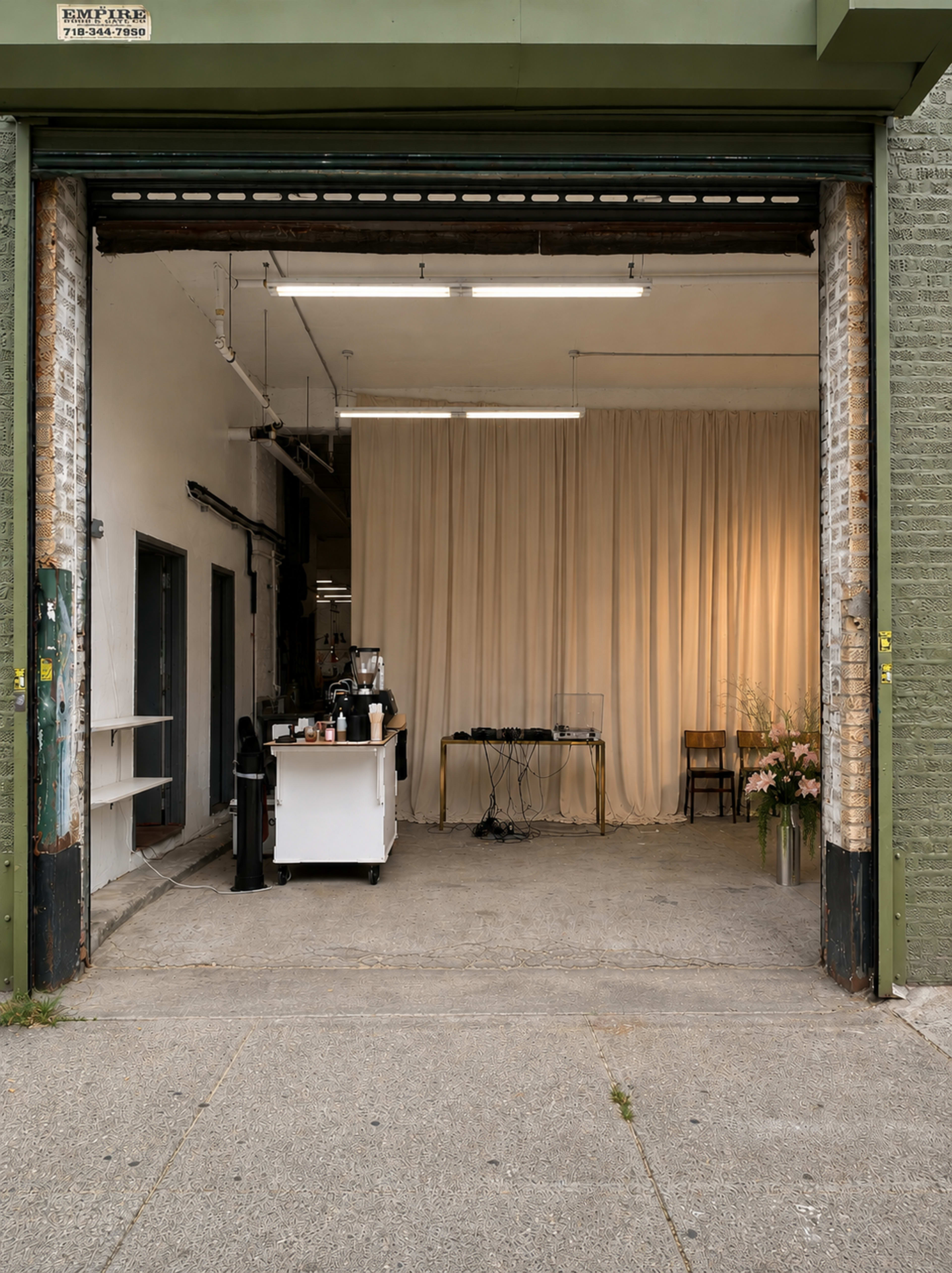 The image shows an open garage space with a coffee station, a music setup, and a backdrop curtain, illuminated by overhead lights.