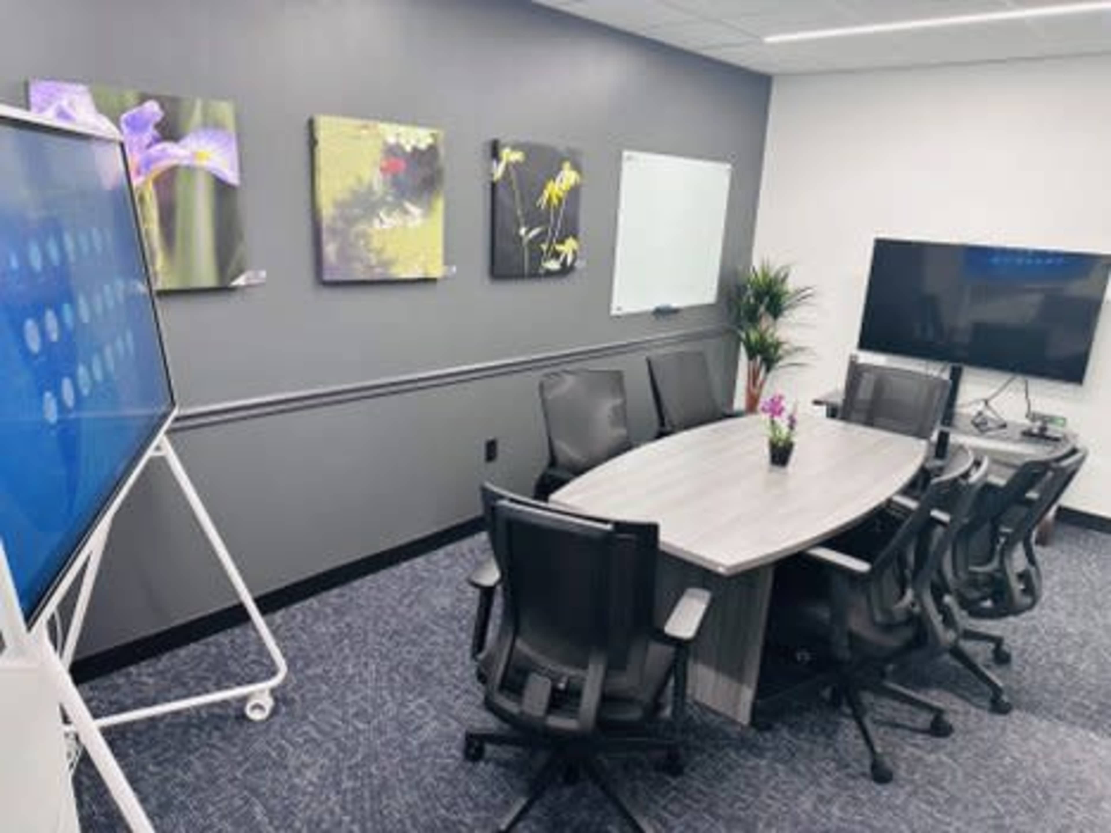 A modern conference room features a large rectangular table surrounded by black chairs, with colorful wall art and a TV on one side.