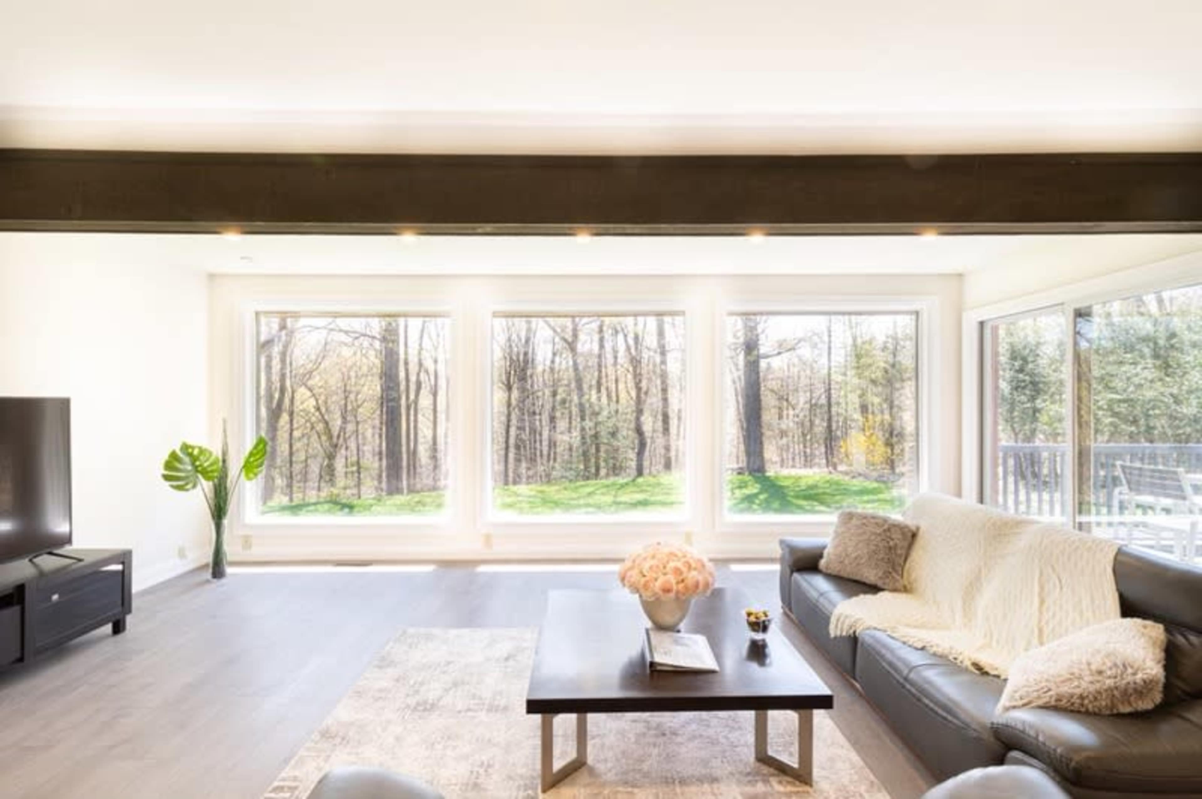 A bright living room features large windows overlooking a wooded area, with a black sofa and a coffee table in the center.