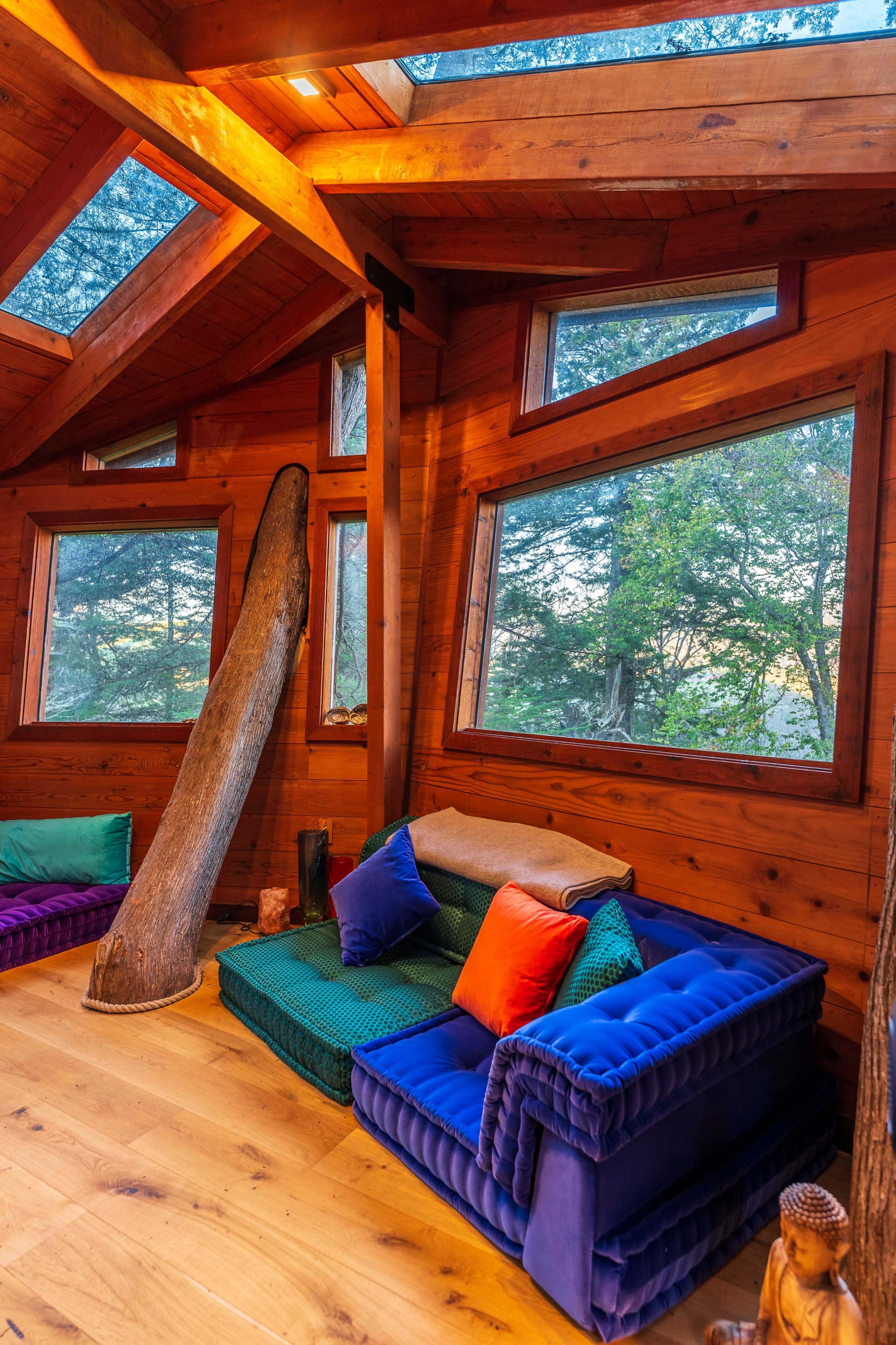 The interior features a cozy seating area with colorful cushions and large windows that provide views of the surrounding trees.