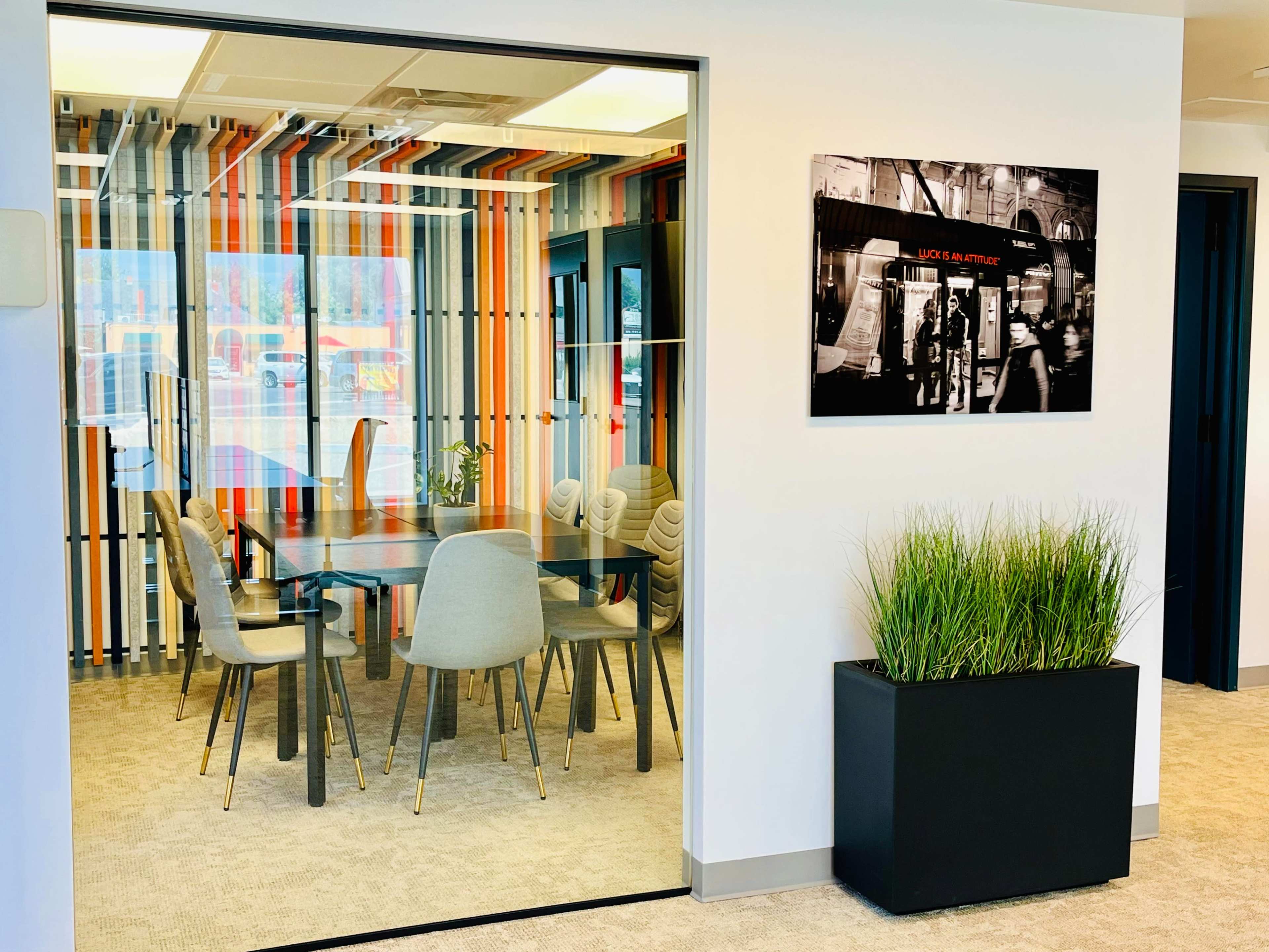 A modern conference room with a glass wall, a wooden table surrounded by chairs, and a large decorative plant in a black planter nearby.