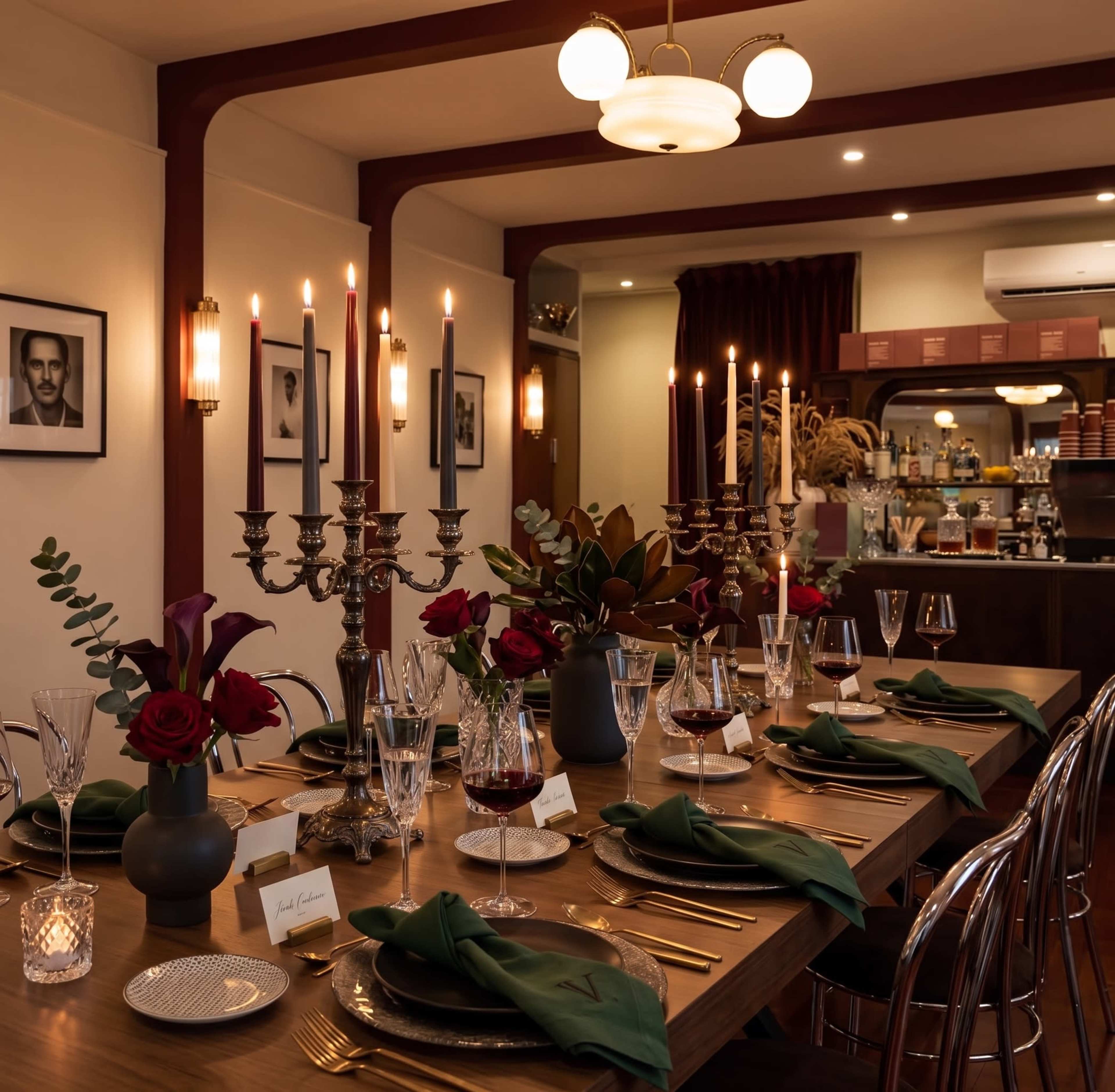 A dining room is set for an elegant dinner with a long table adorned with candles, flowers, and fine tableware.