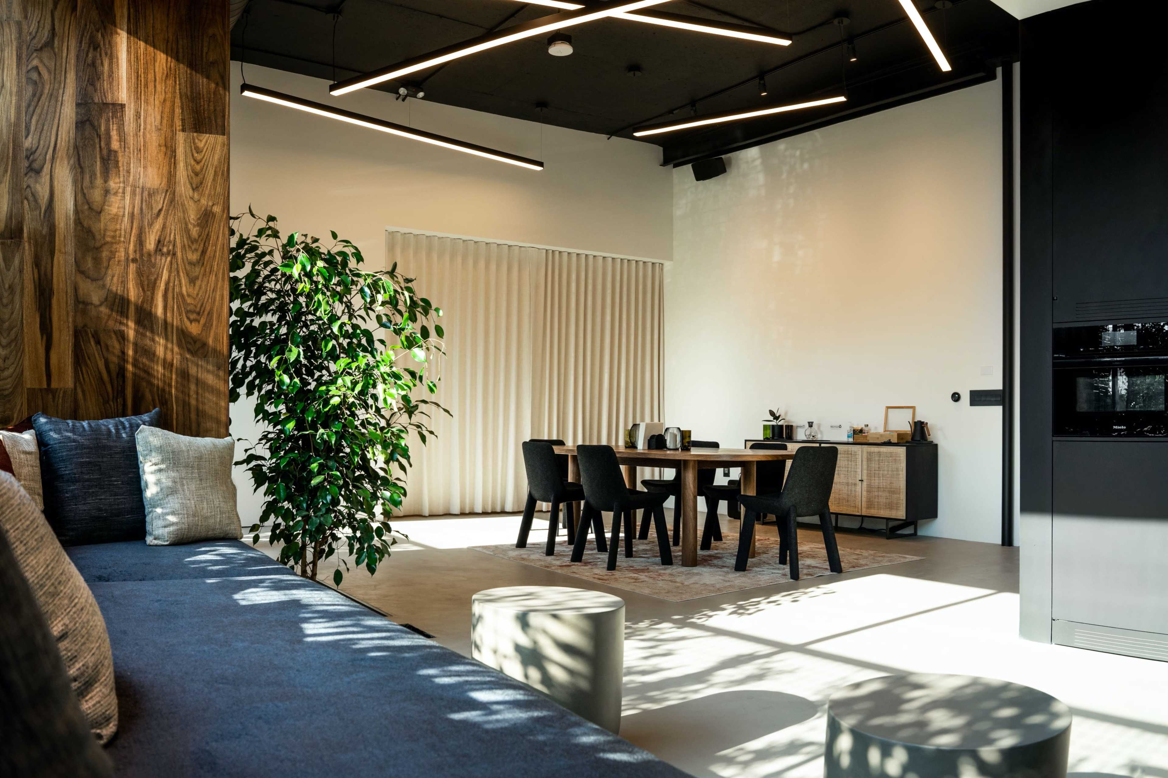 The scene depicts a modern interior space featuring a cozy seating area with cushions, a dining area with black chairs, and a large potted plant beside a window with sheer curtains.