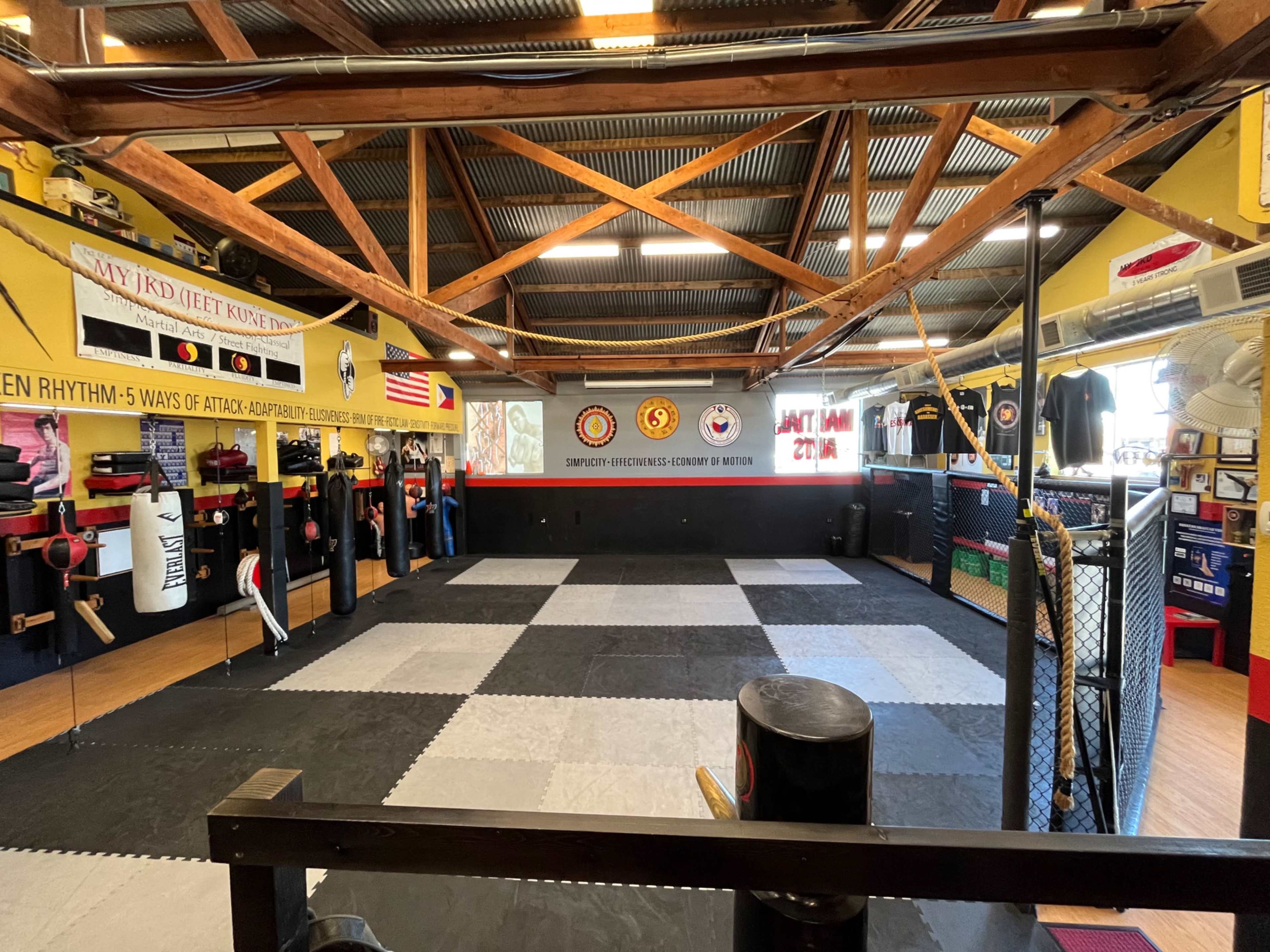 The image shows an empty martial arts training studio with padded flooring, wall-mounted equipment, and banners displaying various martial arts themes.