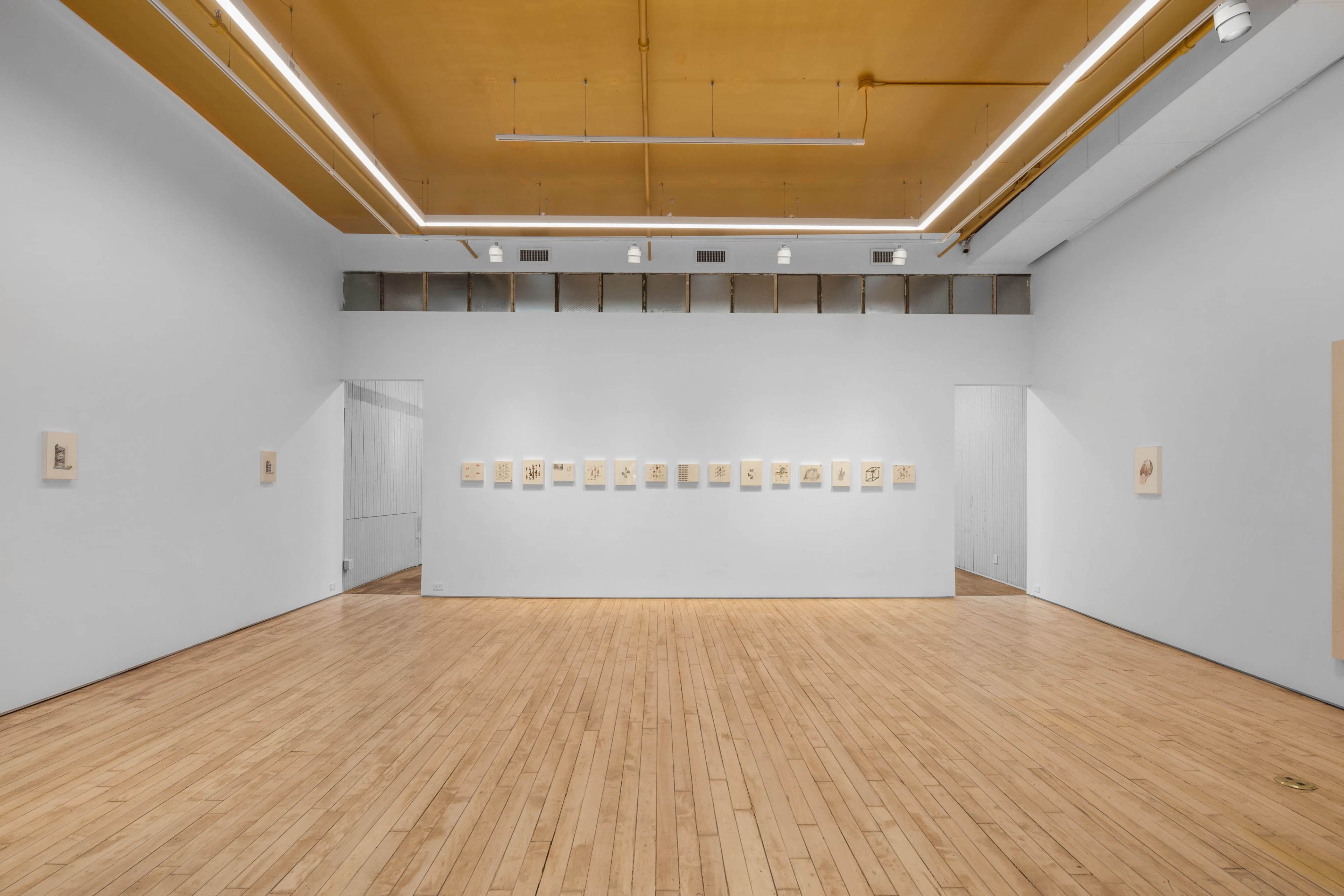 A well-lit art gallery featuring a smooth wooden floor and white walls displaying a series of framed artworks.