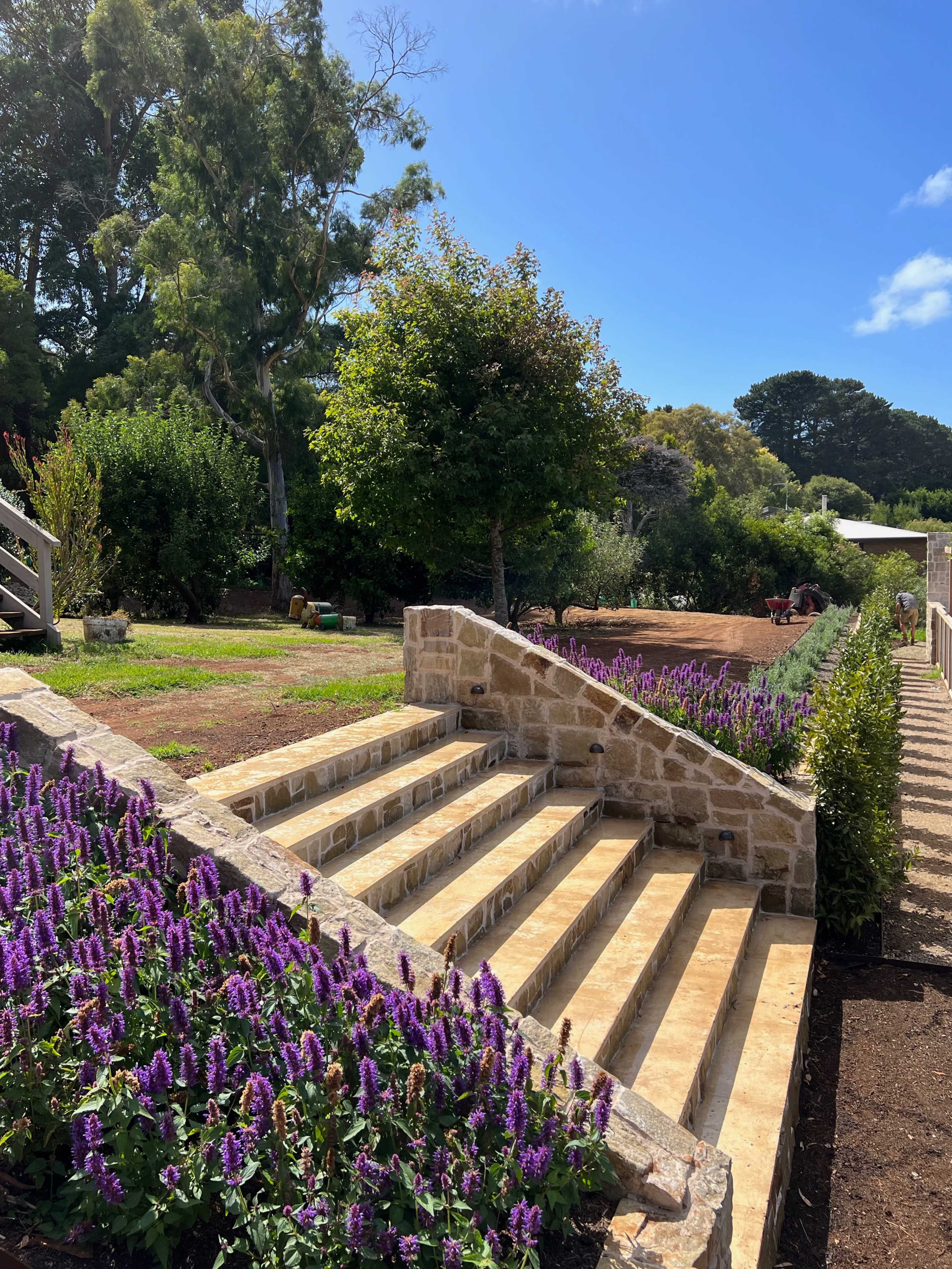 A stone staircase leading to a garden with flowering plants and trees under a clear blue sky.