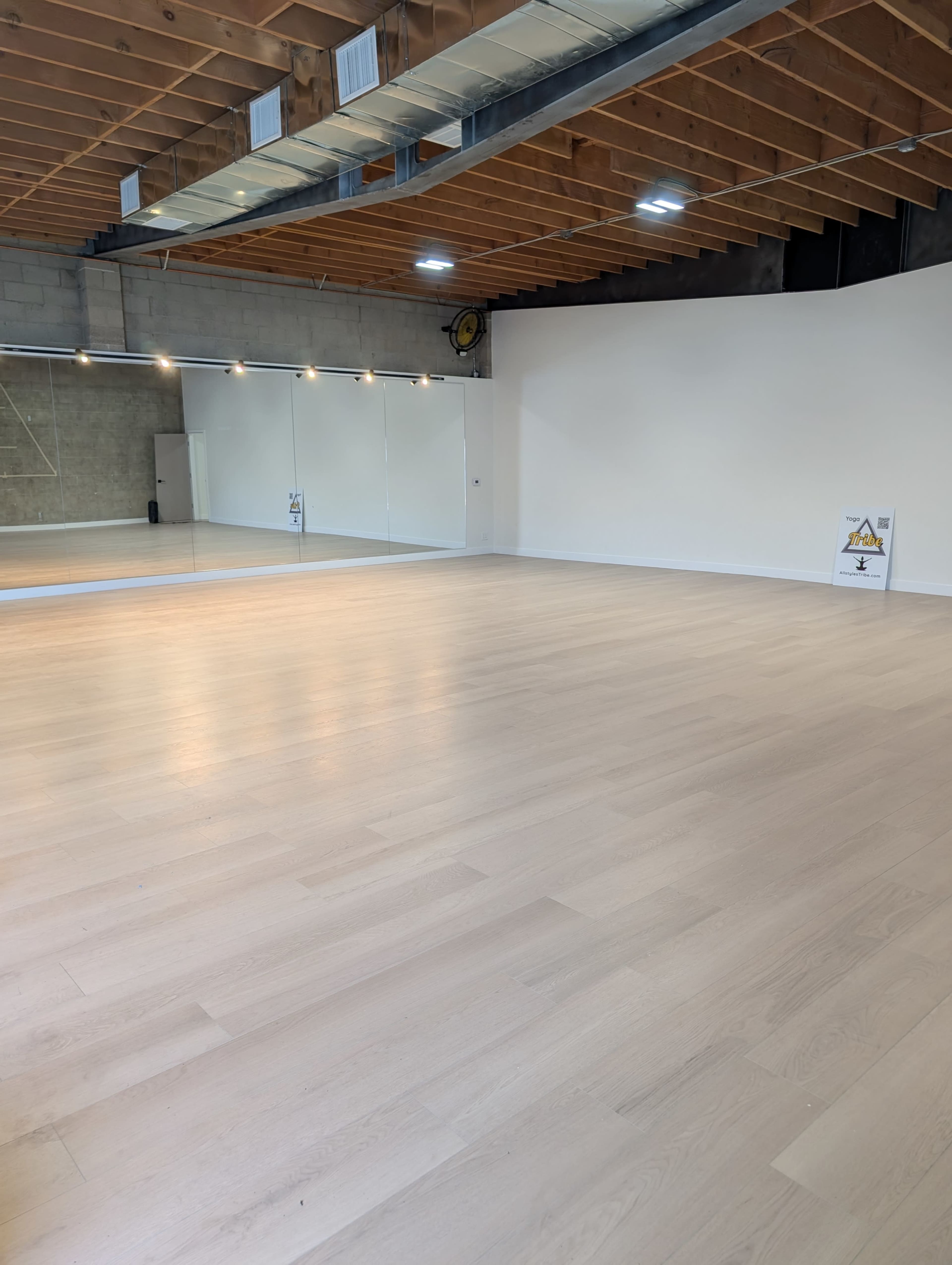 The image shows a spacious room with a smooth wooden floor, high ceilings, and a large mirror on one wall.