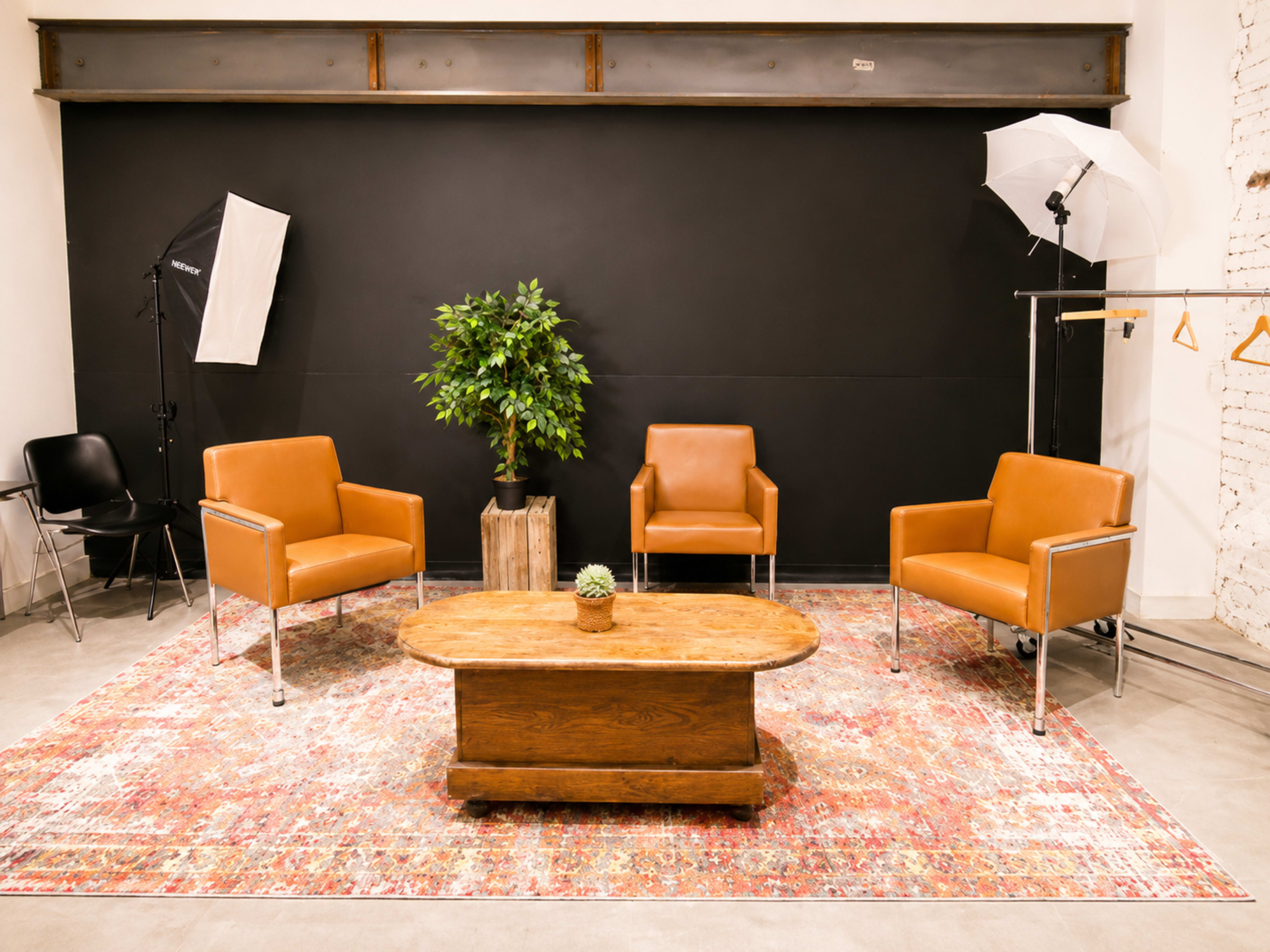 The image shows a styled indoor space featuring three brown leather chairs, a wooden coffee table, a potted plant, and photography equipment against a black backdrop.