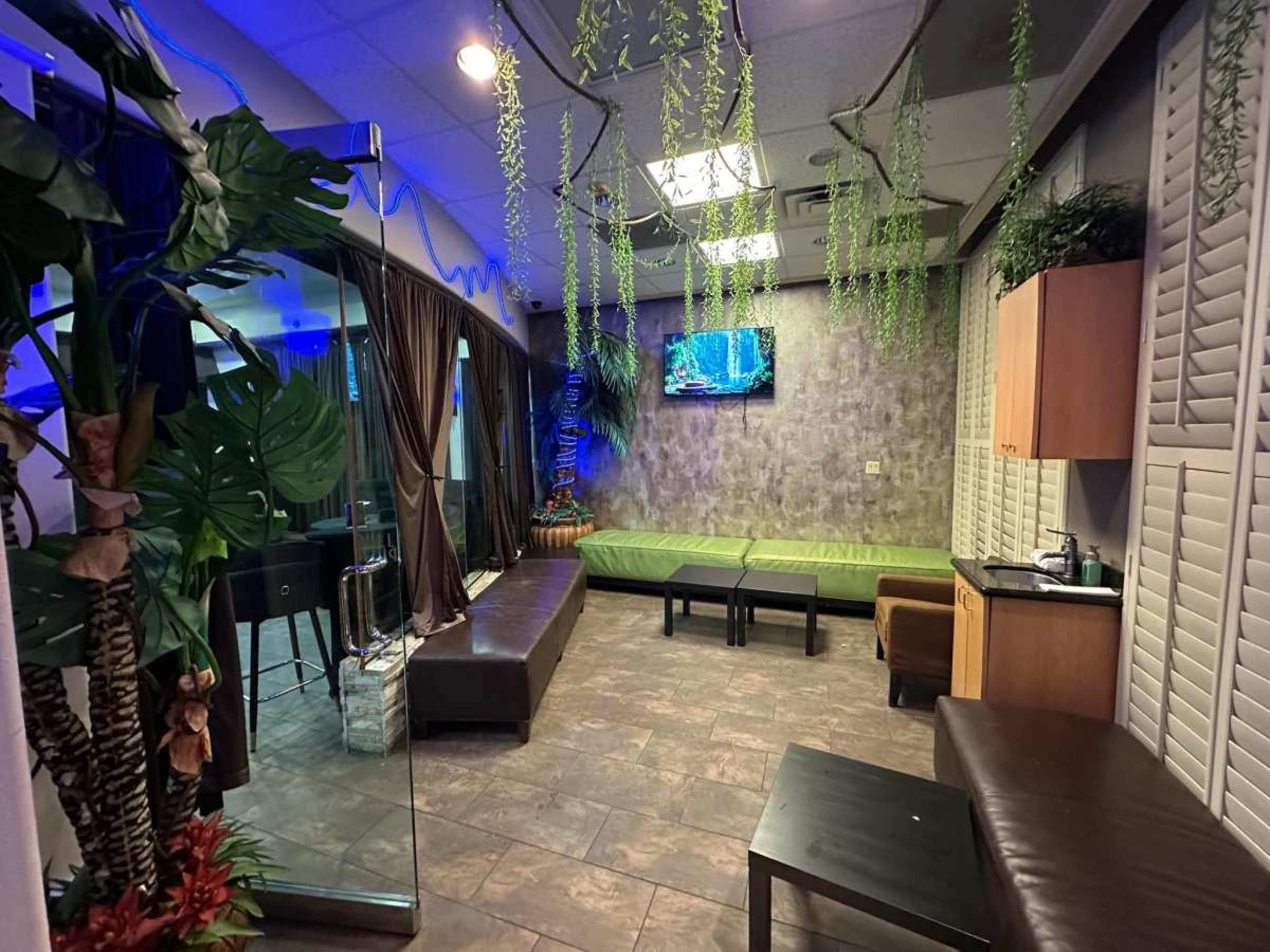The image shows a modern waiting area with green seating, decorative plants hanging from the ceiling, and a television mounted on the wall.