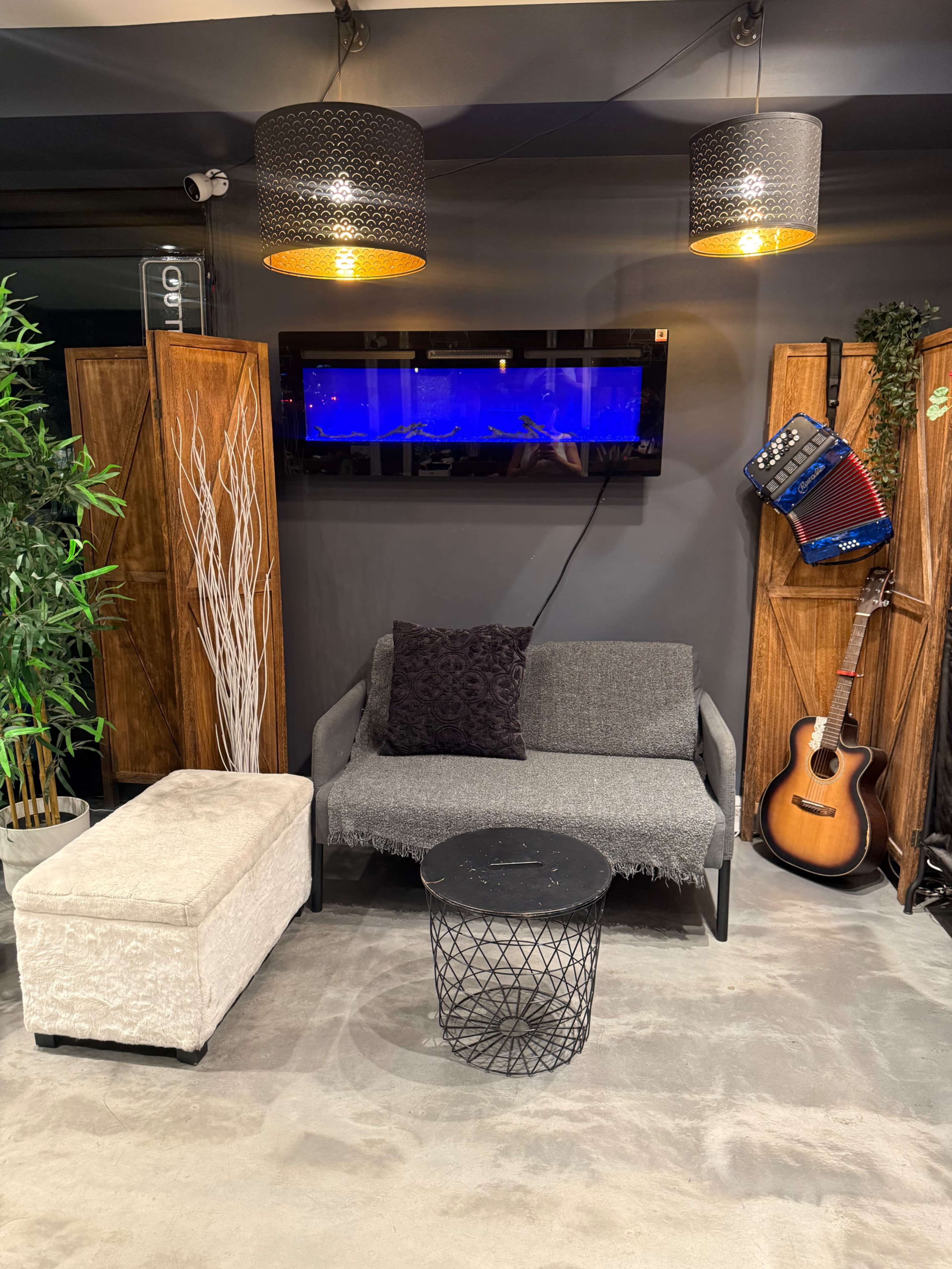 The image shows a cozy seating area featuring a gray couch, a small round table, a storage ottoman, a guitar, an accordion, and a wall-mounted TV.