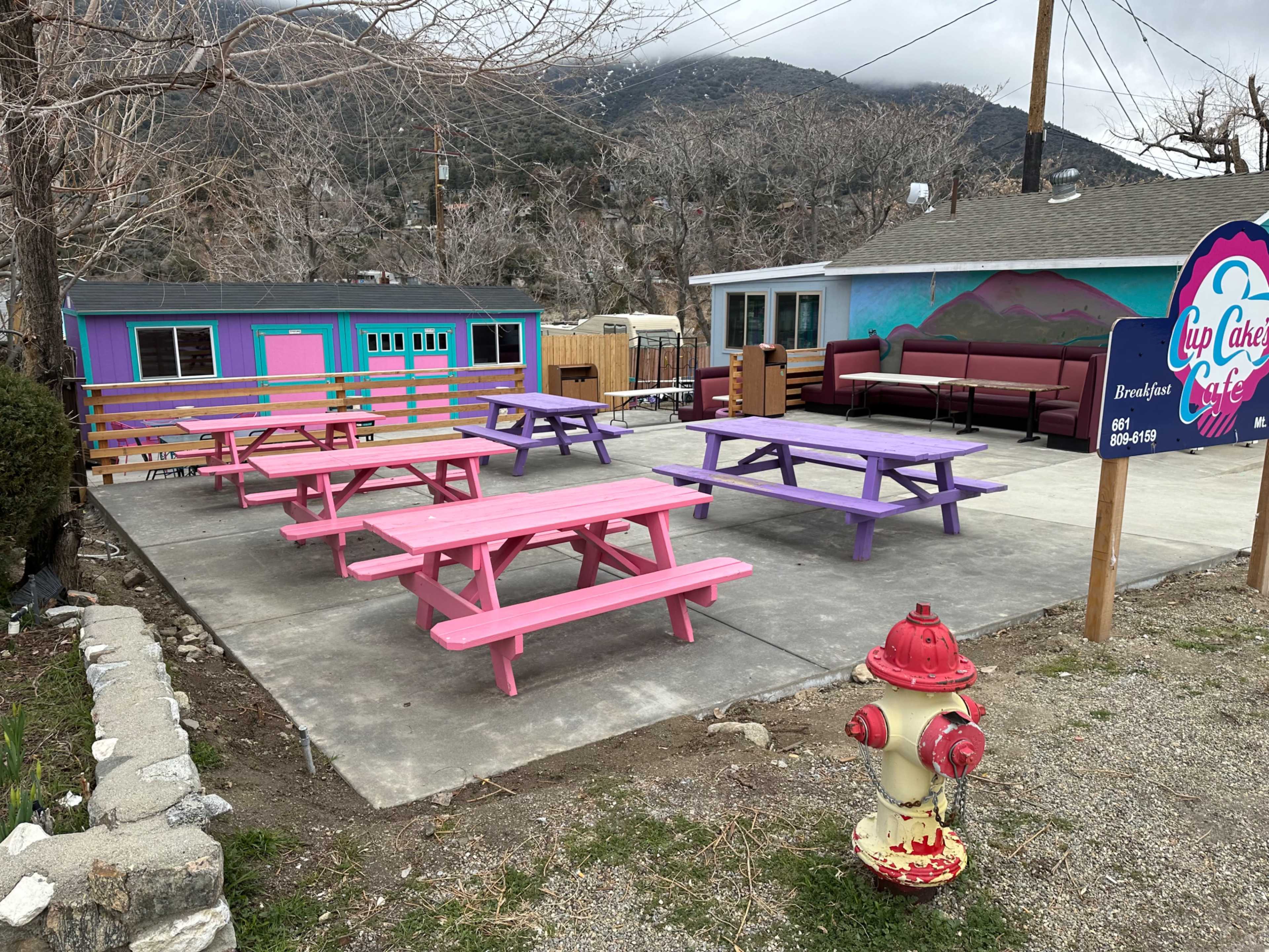 The scene features a seating area with pink and purple picnic tables in front of a small cafe, surrounded by a gravel parking lot and utility poles, with a painted mural on one building.