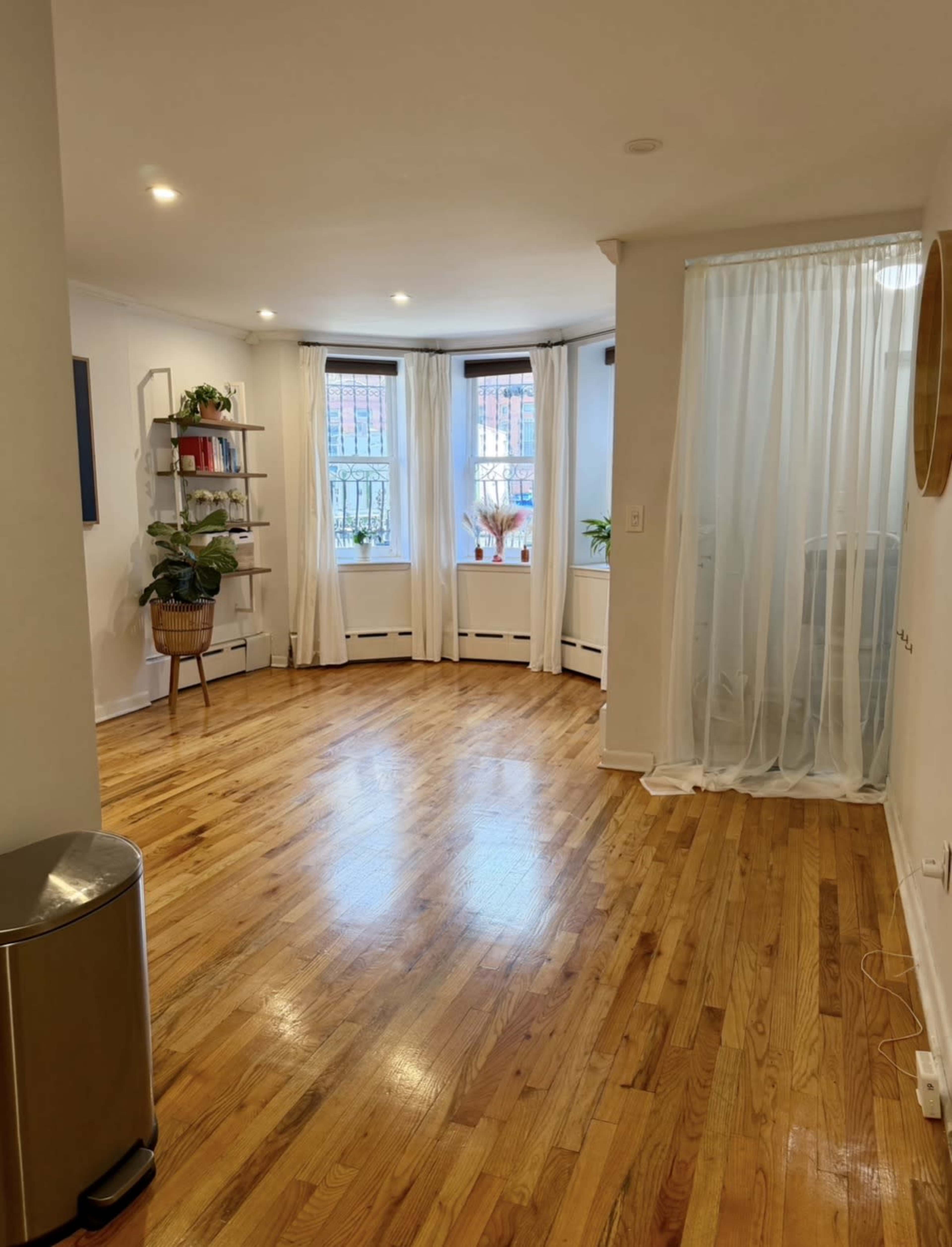 The image shows a well-lit living space with hardwood floors, two windows, a plant shelf, and a sheer curtain.
