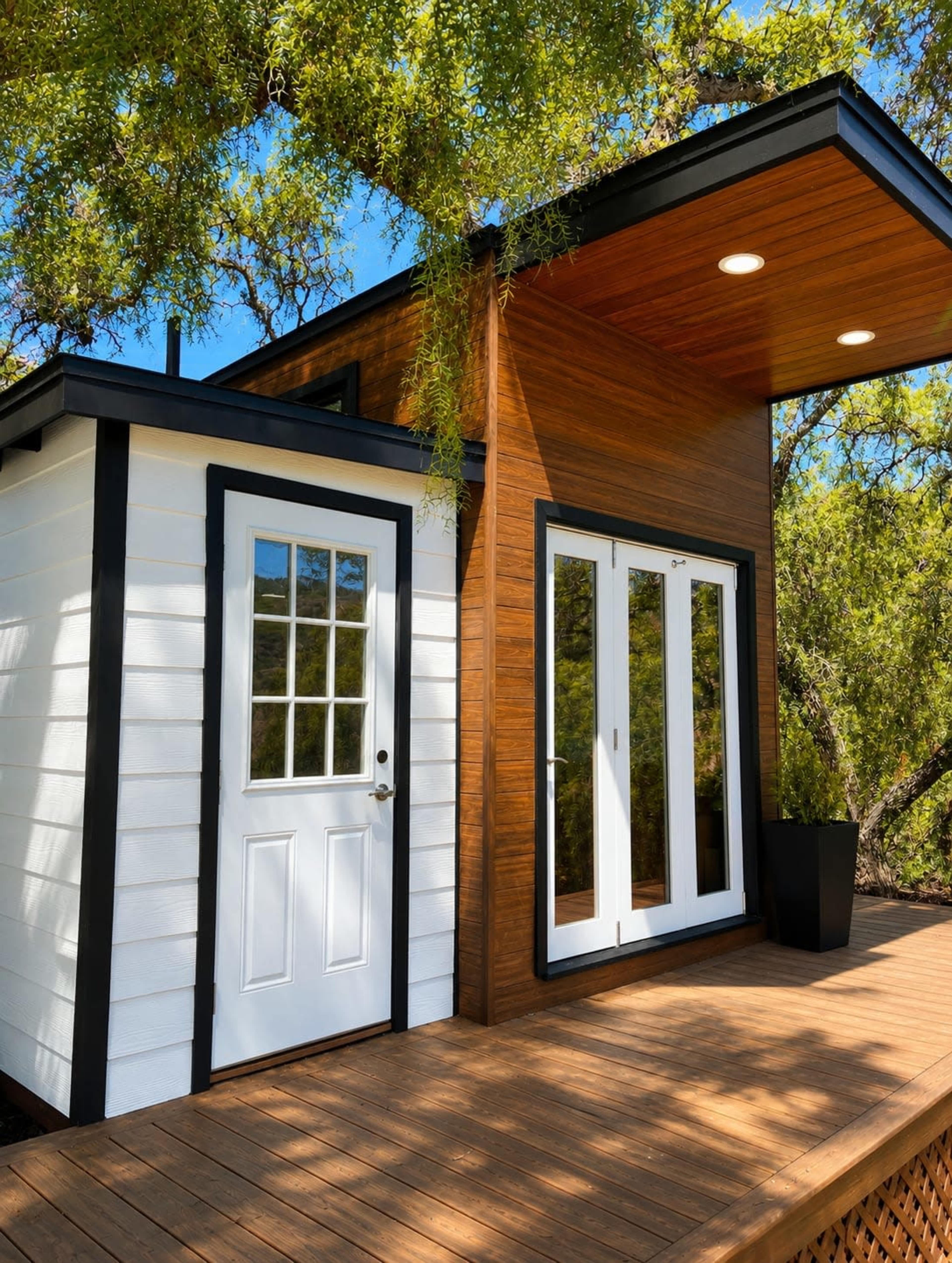 The image shows a modern small house with a wooden deck, featuring a combination of white and brown paneling, large glass doors, and large windows.