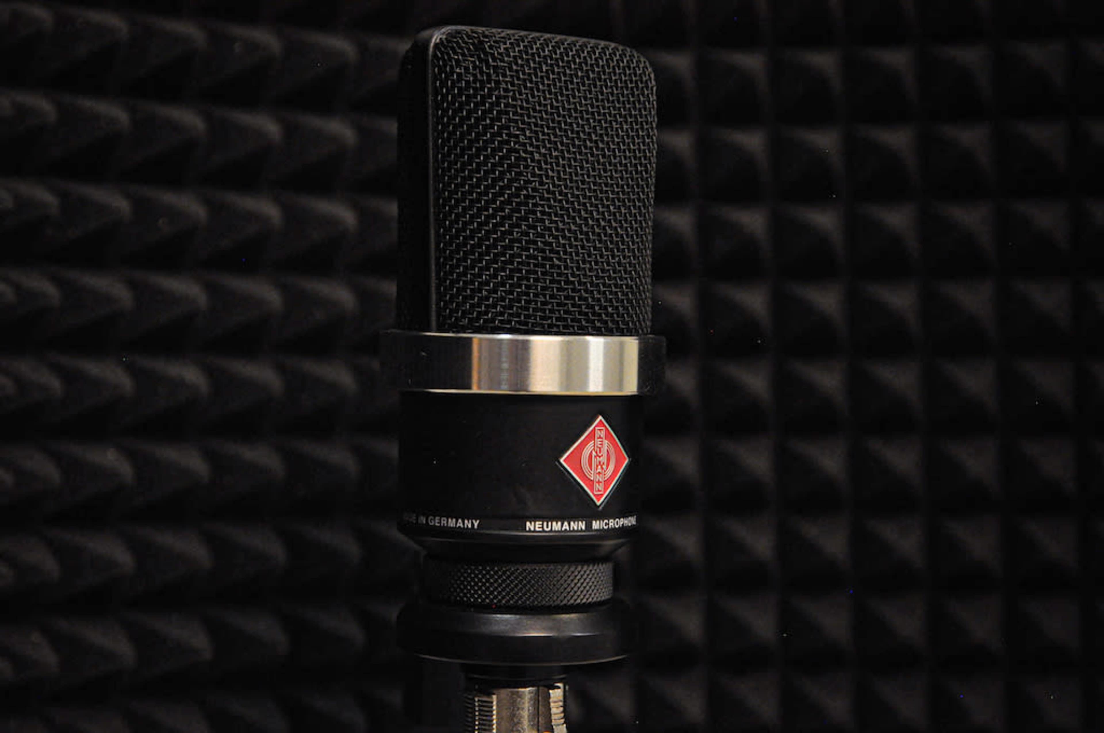 A Neumann microphone is positioned in front of soundproof acoustic foam panels.