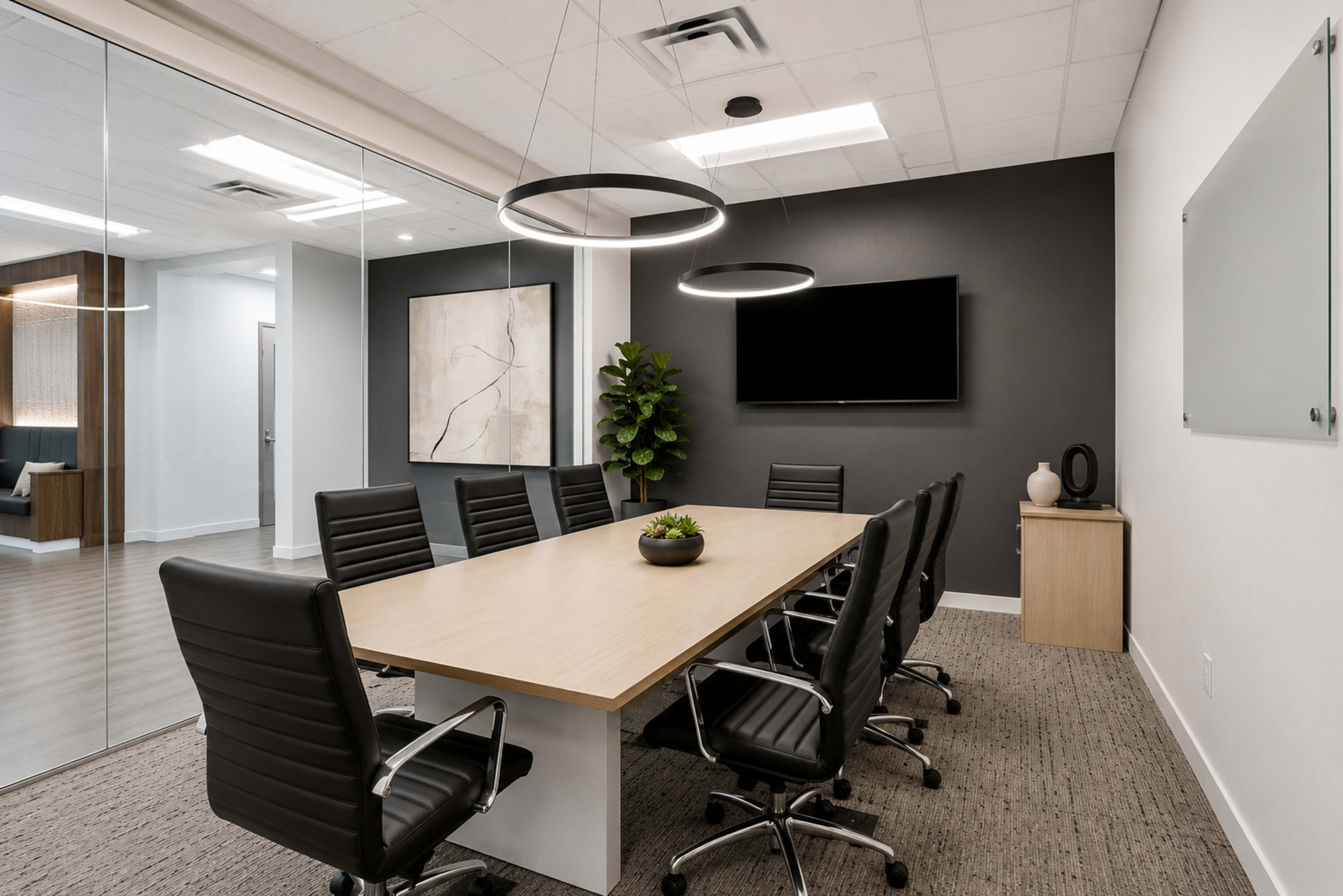 A modern conference room features a long wooden table surrounded by black swivel chairs, glass walls, and a television on the wall, with minimal decor including a potted plant.
