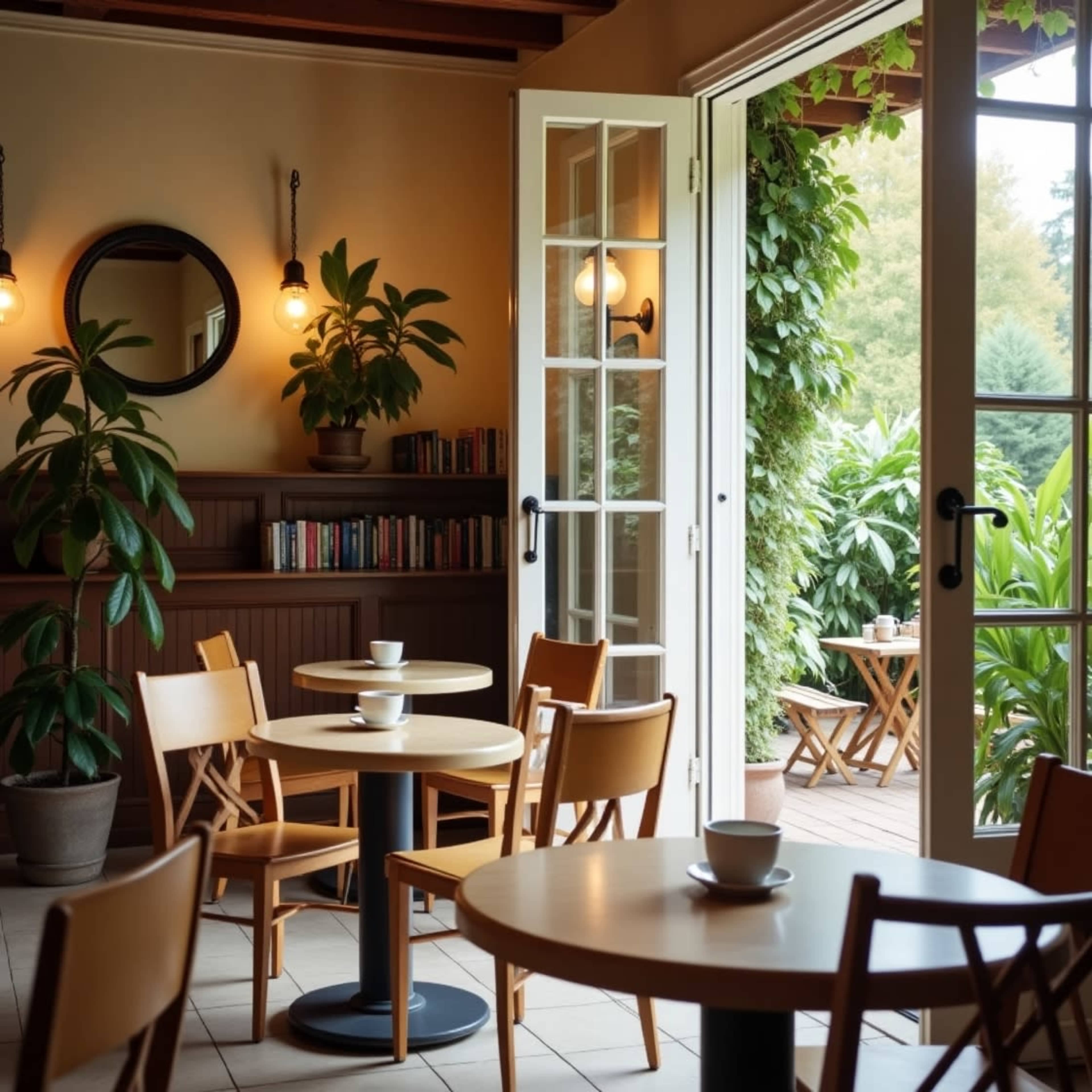 A cozy café features wooden furniture, potted plants, and an open door leading to an outdoor seating area.