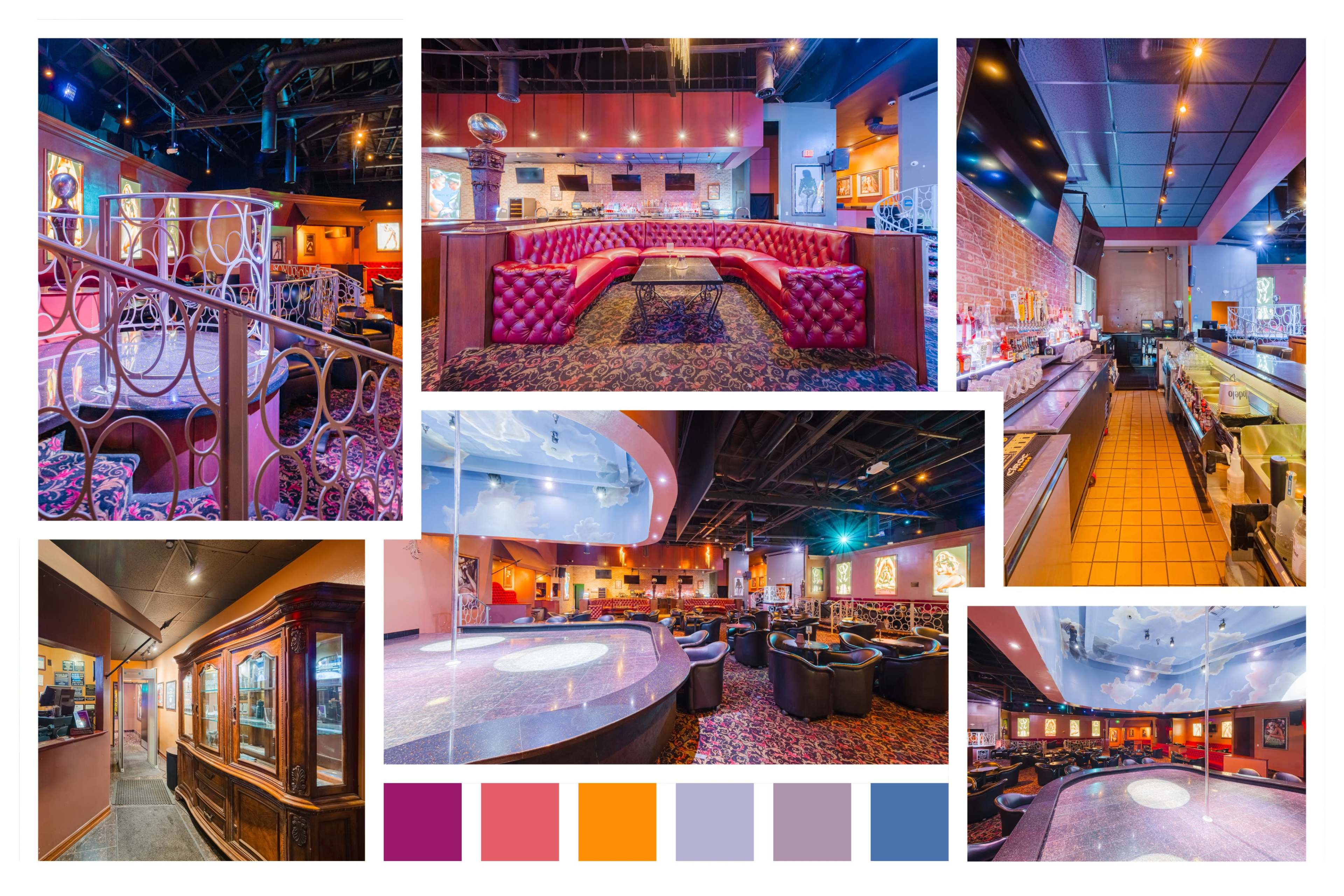 The image features a vibrant lounge area with a mix of plush seating, colorful decor, and a bar, showcasing various sections of the venue.