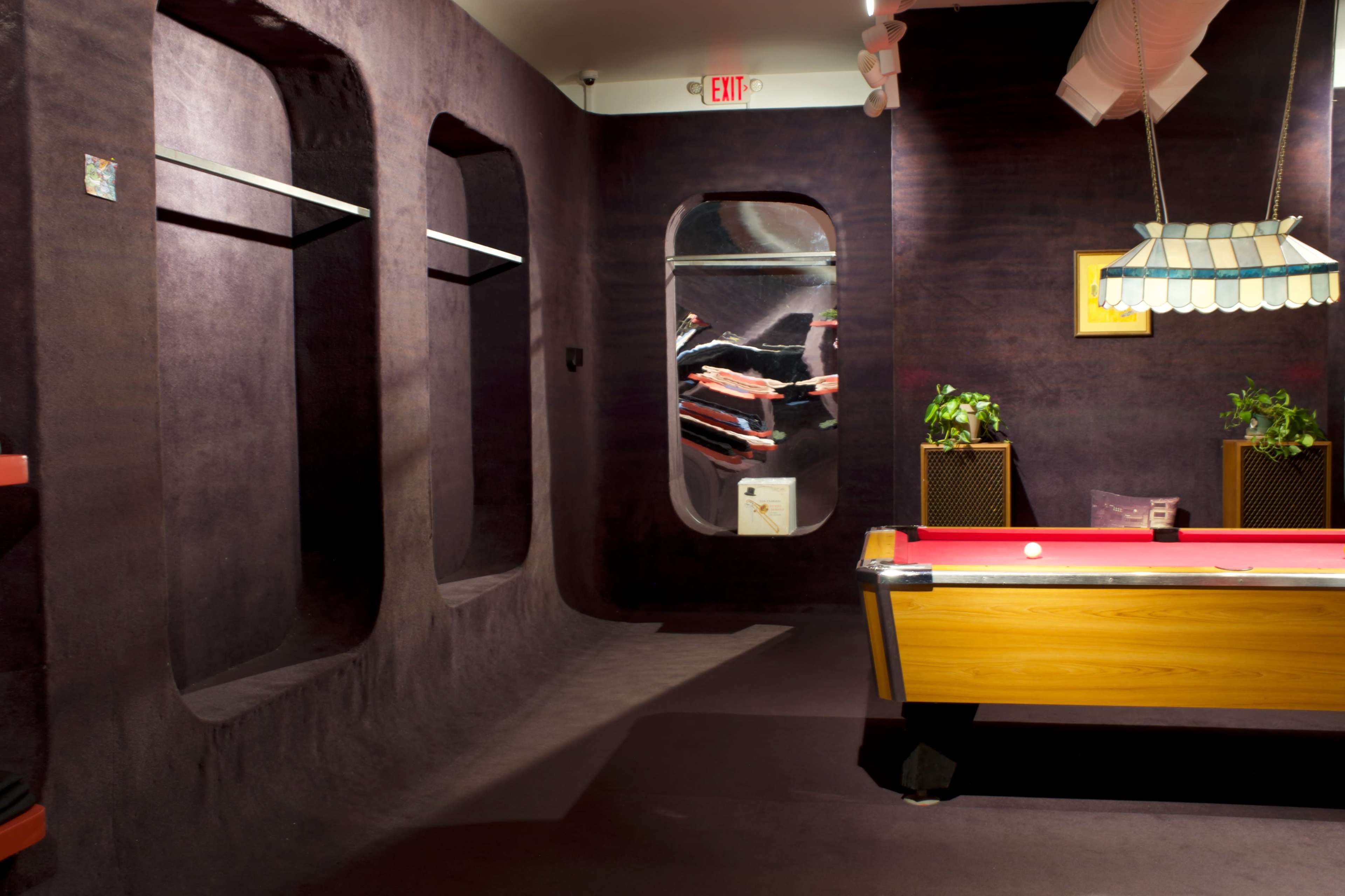 The image shows a room with purple walls and carpet, featuring a billiards table, a window opening, and two potted plants.