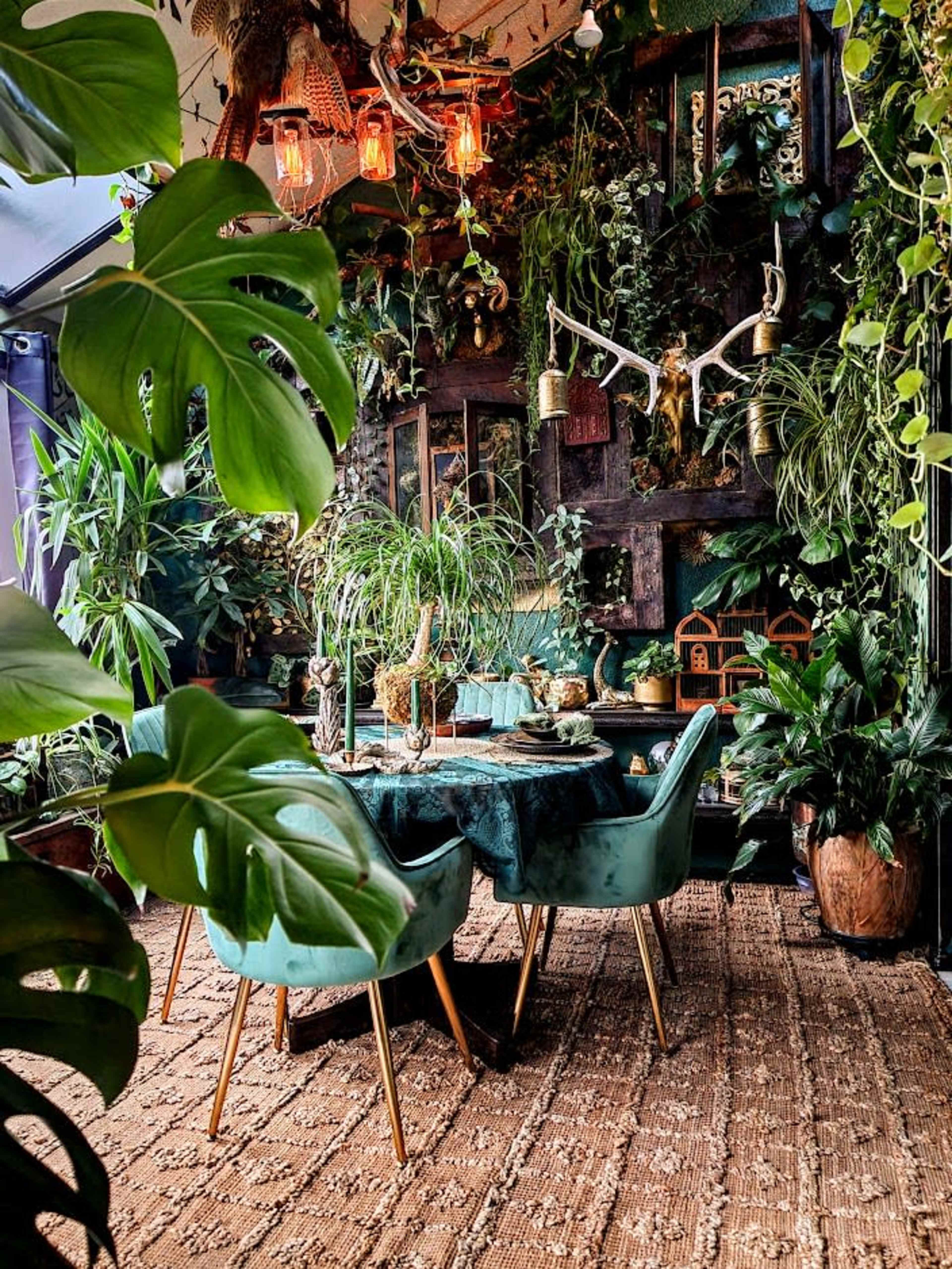 A dining area adorned with lush greenery, featuring a round table set with decorative items and surrounded by two green chairs.