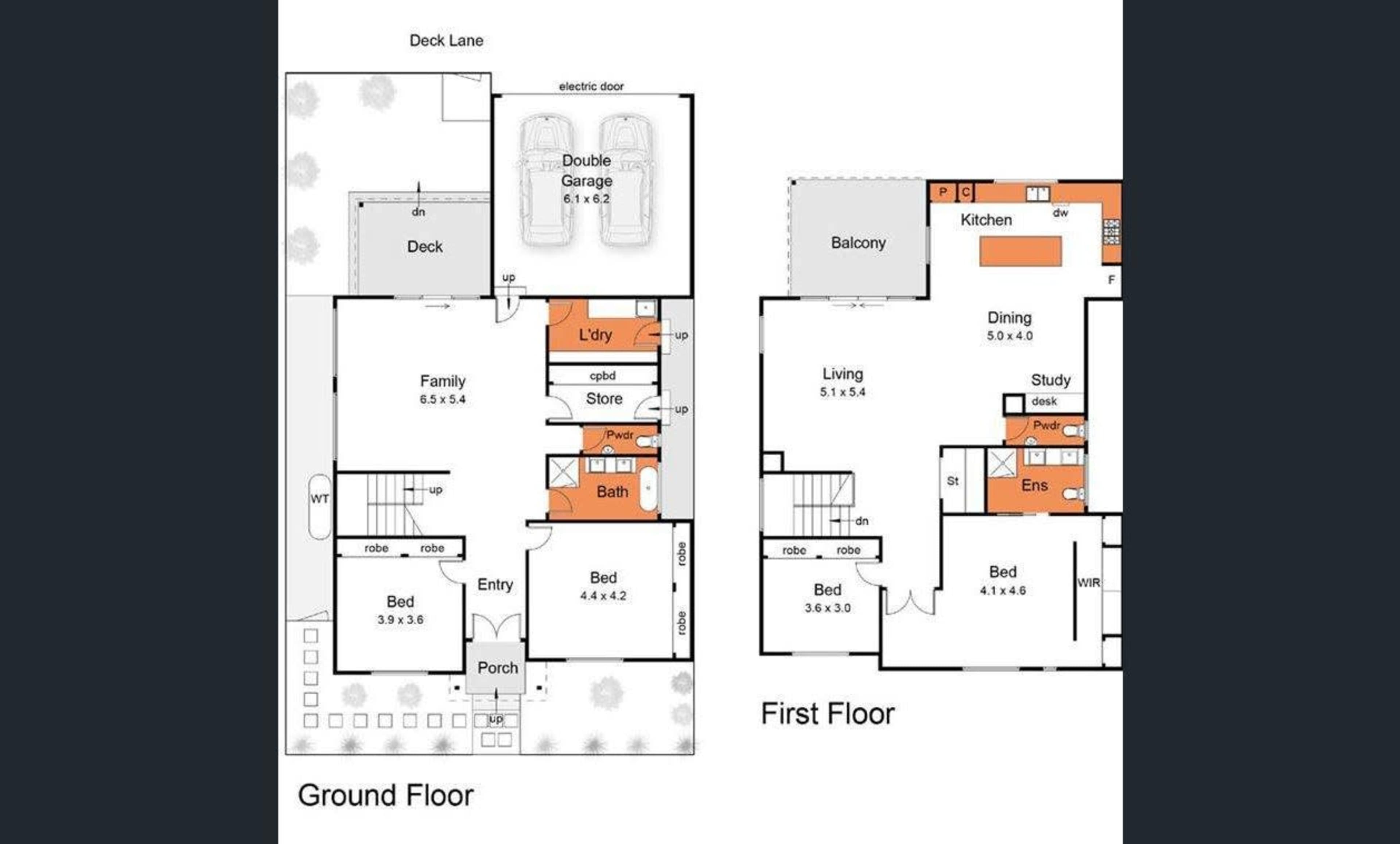 A floor plan of a two-story house, detailing the layout of the ground and first floors with labeled rooms and dimensions.